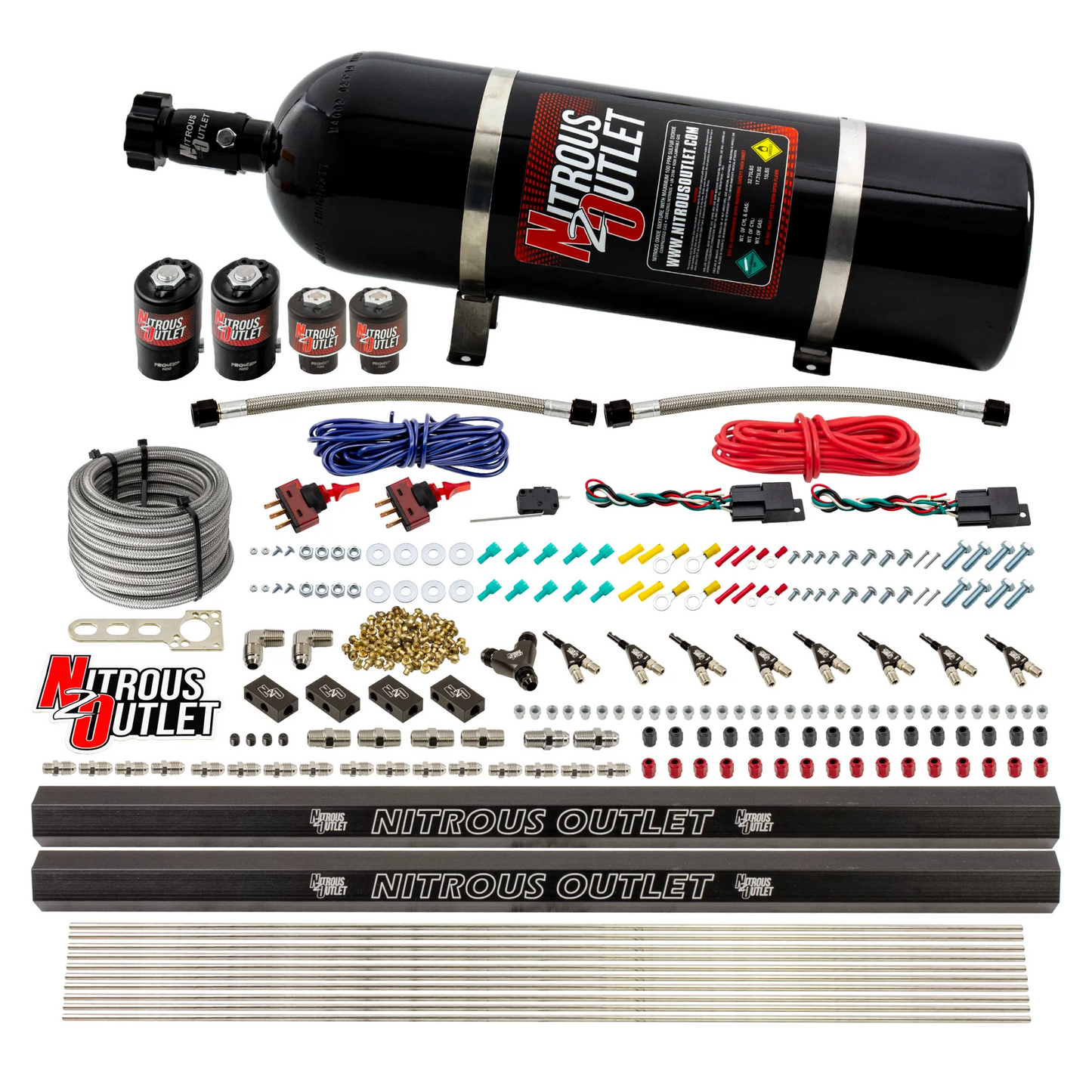 Nitrous Outlet 4 Cylinder Dual Stage Direct Port System - Two .122 Nitrous Solenoids/Two .177 Fuel Solenoids/Two Dual Passage Injection Rails/90 Degree Discharge Nozzles (Gas)(5-7-10 psi)(50-250HP)(15lb Bottle)