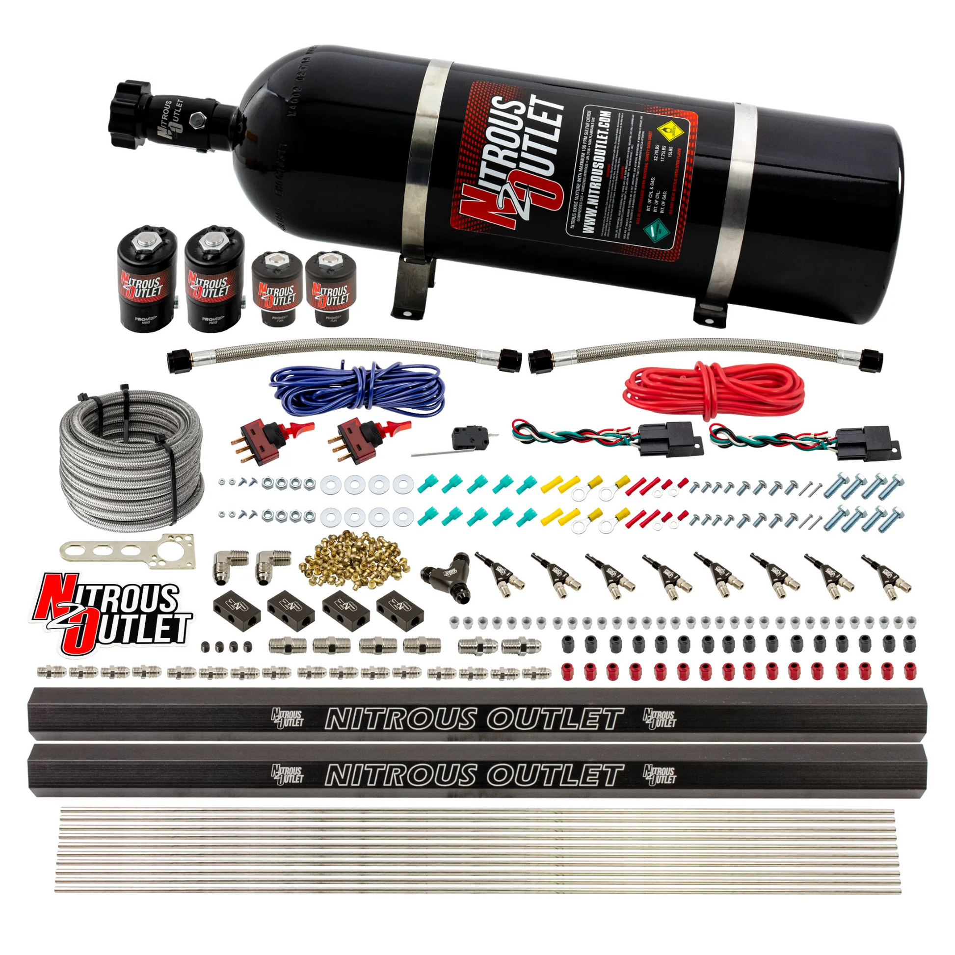 Nitrous Outlet 4 Cylinder Dual Stage Direct Port System - Two .122 Nitrous Solenoids/Two .177 Fuel Solenoids/Two Dual Passage Injection Rails/90 Degree Discharge Nozzles (Gas)(5-7-10 psi)(50-250HP)(15lb Bottle)