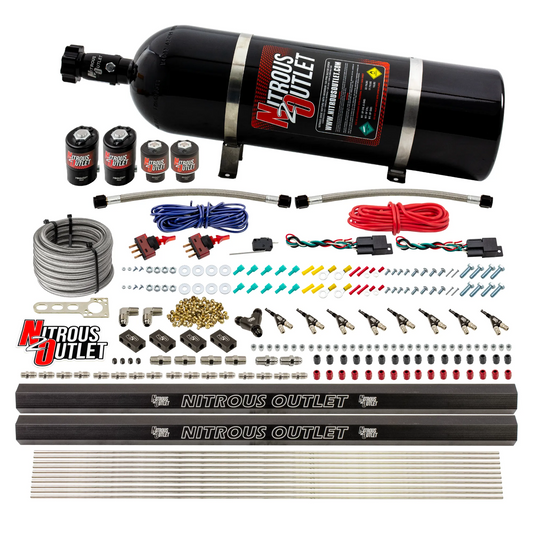Nitrous Outlet 4 Cylinder Dual Stage Direct Port System - Two .122 Nitrous Solenoids/Two .177 Fuel Solenoids/Two Dual Passage Injection Rails/90 Degree Discharge Nozzles (Gas)(5-7-10 psi)(50-250HP)(15lb Bottle)