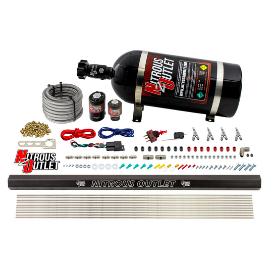 Nitrous Outlet 4 Cylinder Direct Port System - .122 Nitrous Solenoids/.177 Fuel Solenoids/Dual Passage Injection Rail/Annular Discharge Nozzles (Gas)(5-7-10 psi)(50-250HP)(10lb Bottle)
