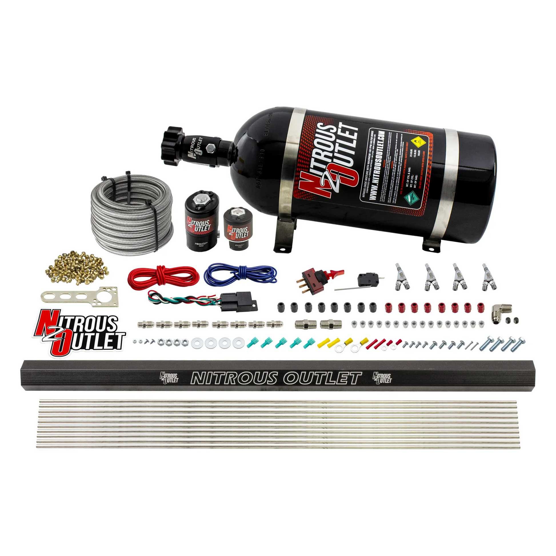 Nitrous Outlet 4 Cylinder Direct Port System - .122 Nitrous Solenoids/.177 Fuel Solenoids/Dual Passage Injection Rail/Annular Discharge Nozzles (Gas)(45-55 psi)(50-250HP)(10lb Bottle)