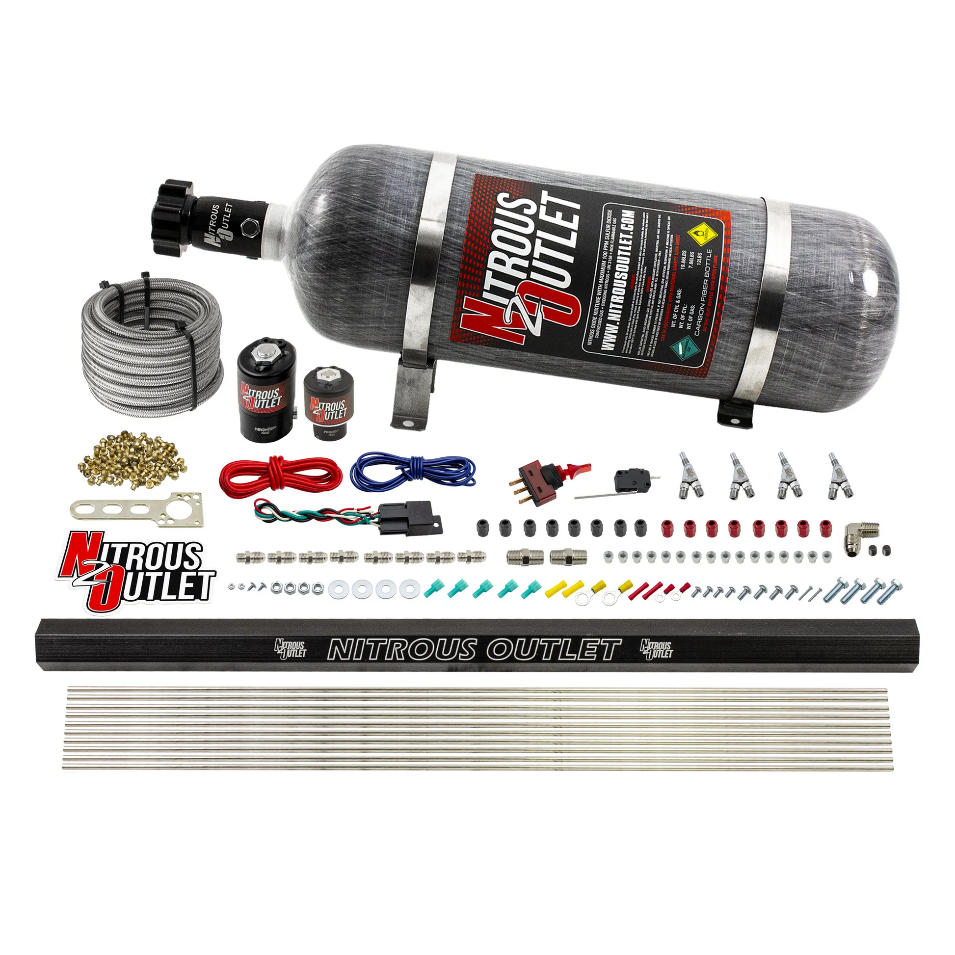 Nitrous Outlet 4 Cylinder Direct Port System - .122 Nitrous Solenoids/.177 Fuel Solenoids/Dual Passage Injection Rail/Annular Discharge Nozzles (Gas)(45-55 psi)(50-250HP)(12lb Bottle)