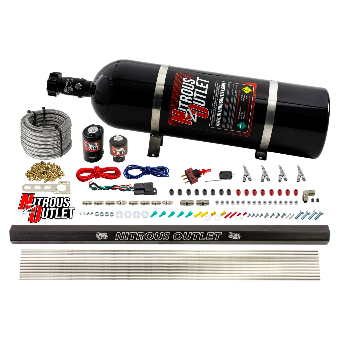 Nitrous Outlet 4 Cylinder Direct Port System - .122 Nitrous Solenoids/.177 Fuel Solenoids/Dual Passage Injection Rail/Annular Discharge Nozzles (Gas)(5-7-10 psi)(50-250HP)(15lb Bottle)