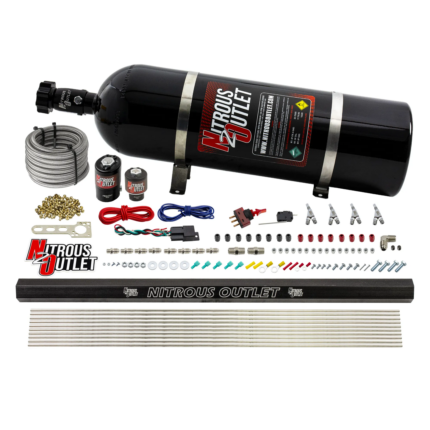 Nitrous Outlet 4 Cylinder Direct Port System - .122 Nitrous Solenoids/.177 Fuel Solenoids/Dual Passage Injection Rail/Annular Discharge Nozzles (Gas)(45-55 psi)(50-250HP)(15lb Bottle)