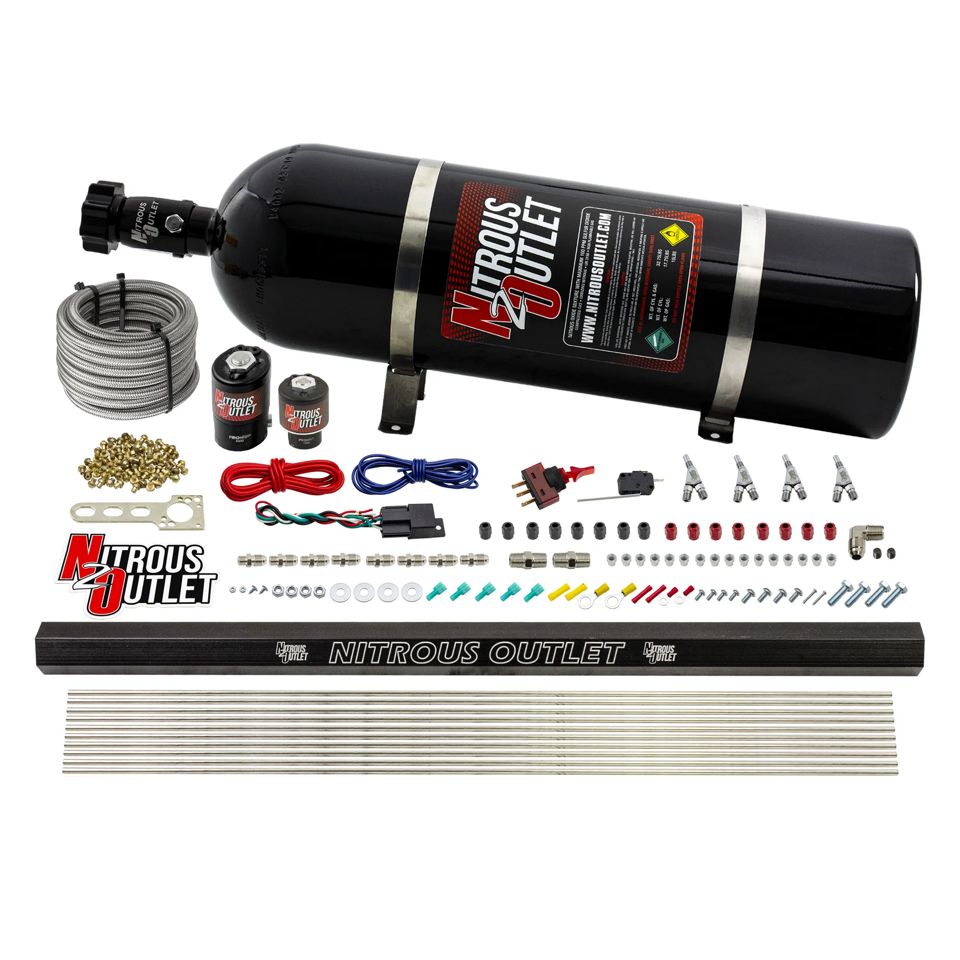 Nitrous Outlet 4 Cylinder Direct Port System - .122 Nitrous Solenoids/.177 Fuel Solenoids/Dual Passage Injection Rail/Annular Discharge Nozzles (Gas)(45-55 psi)(50-250HP)(15lb Bottle)
