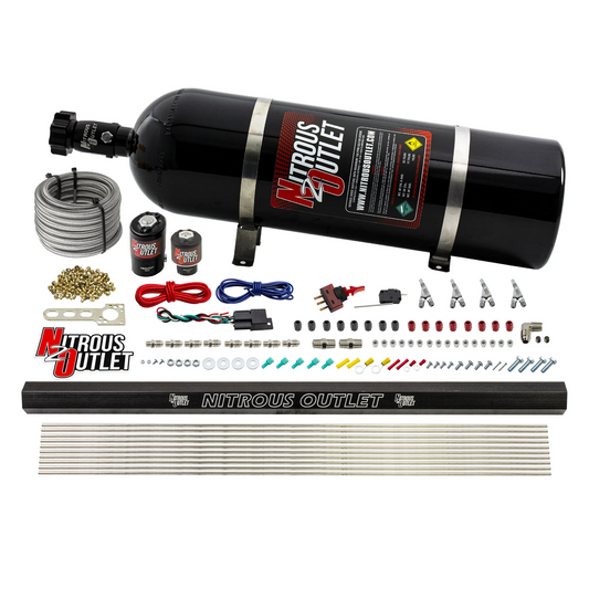 Nitrous Outlet 4 Cylinder Direct Port System - .122 Nitrous Solenoids/.177 Fuel Solenoids/Dual Passage Injection Rail/Annular Discharge Nozzles (Gas)(45-55 psi)(50-250HP)(15lb Bottle)