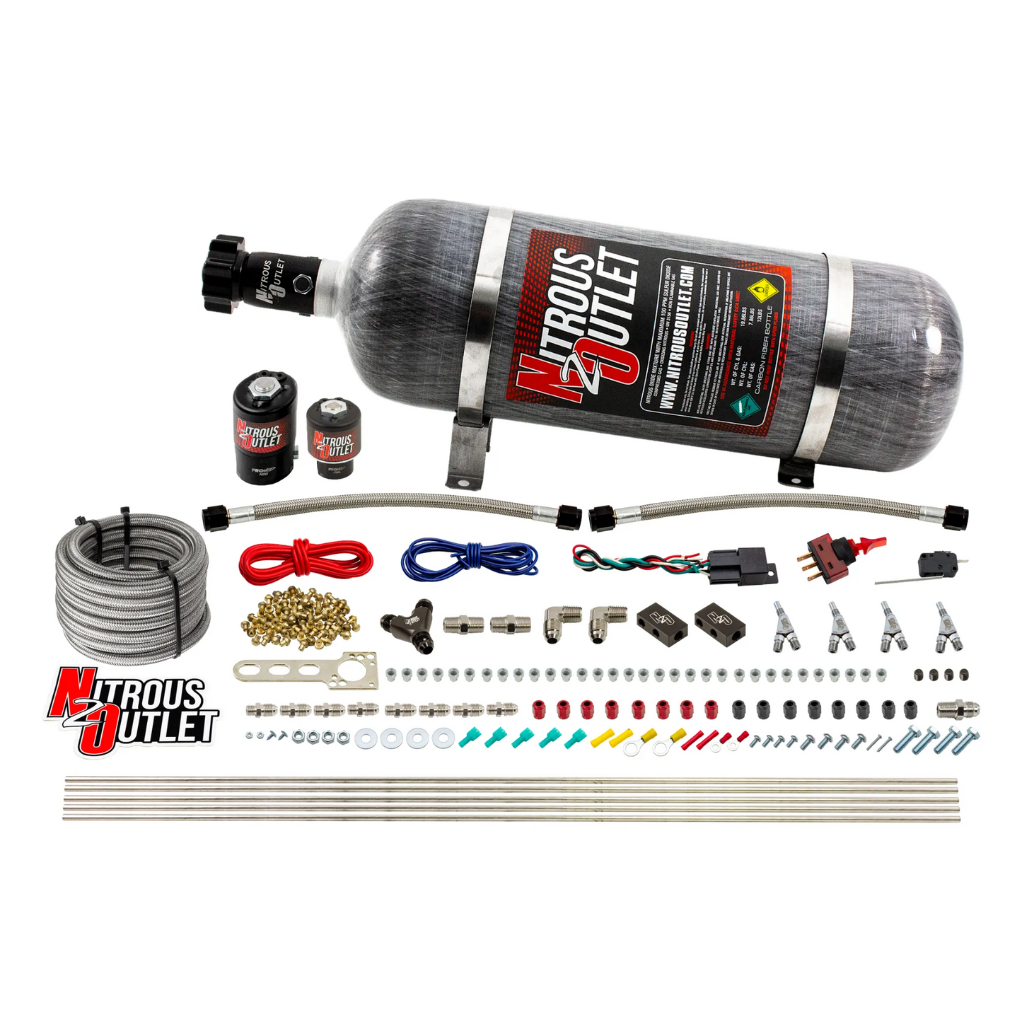 Nitrous Outlet 4 Cylinder Direct Port System - .122 Nitrous Solenoid/.177 Fuel Solenoid/Distribution Blocks/Annular Degree Discharge Nozzles (Gas)(5-7-10 psi)(50-250HP)(12lb Bottle)