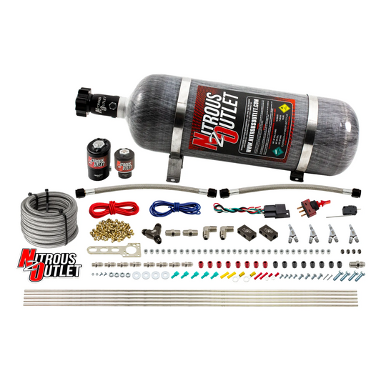Nitrous Outlet 4 Cylinder Direct Port System - .122 Nitrous Solenoid/.177 Fuel Solenoid/Distribution Blocks/Annular Degree Discharge Nozzles (Gas)(5-7-10 psi)(50-250HP)(12lb Bottle)