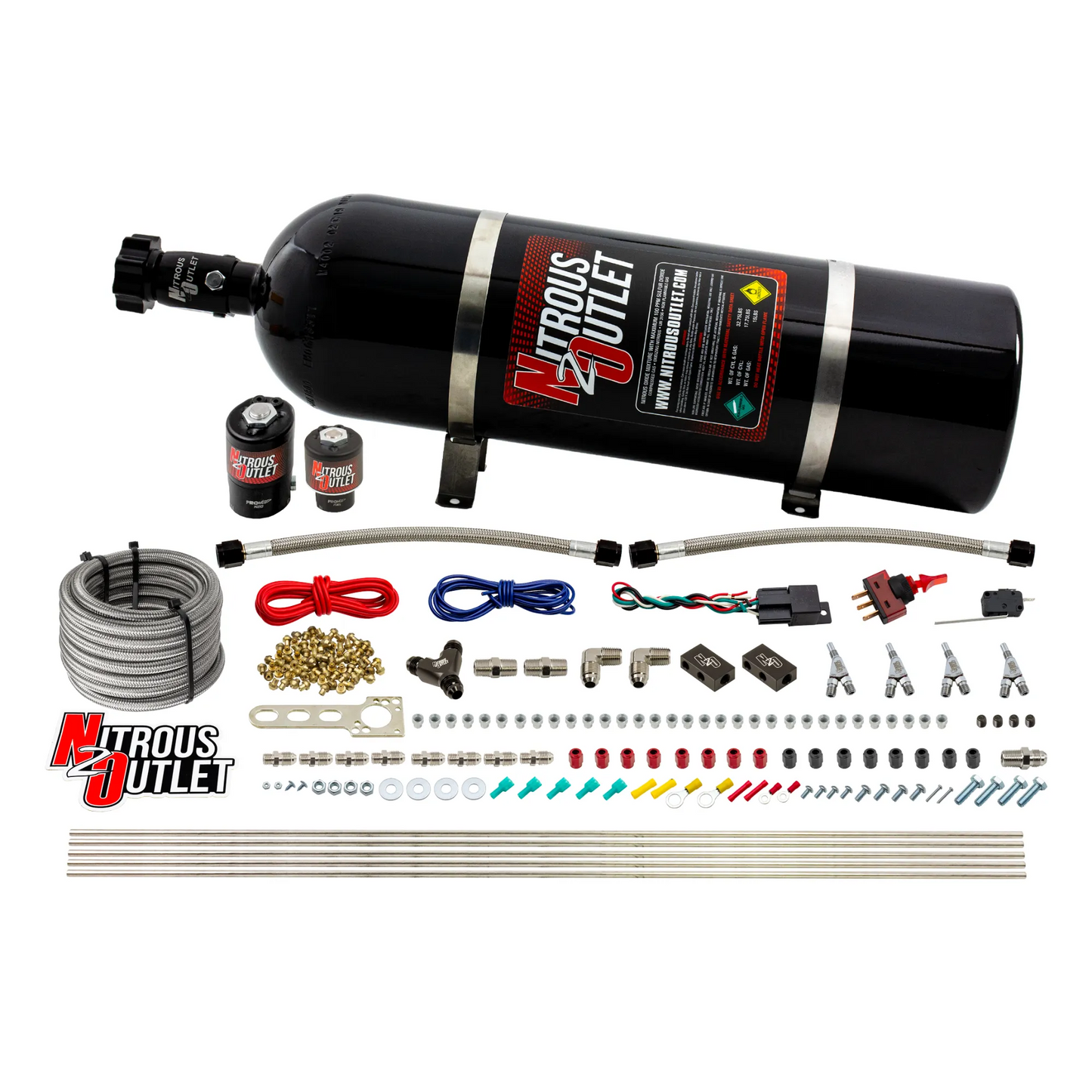 Nitrous Outlet 4 Cylinder Direct Port System - .122 Nitrous Solenoid/.177 Fuel Solenoid/Distribution Blocks/Annular Degree Discharge Nozzles (Gas)(5-7-10 psi)(50-250HP)(15lb Bottle)