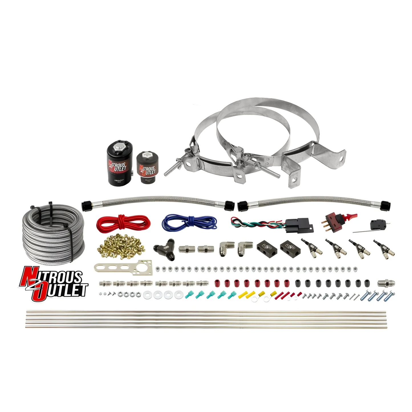 Nitrous Outlet 4 Cylinder Direct Port System - .122 Nitrous Solenoid/.177 Fuel Solenoid/Distribution Blocks/90 Degree Discharge Nozzles (Gas)(45-55 psi)(50-250HP)(No Bottle)