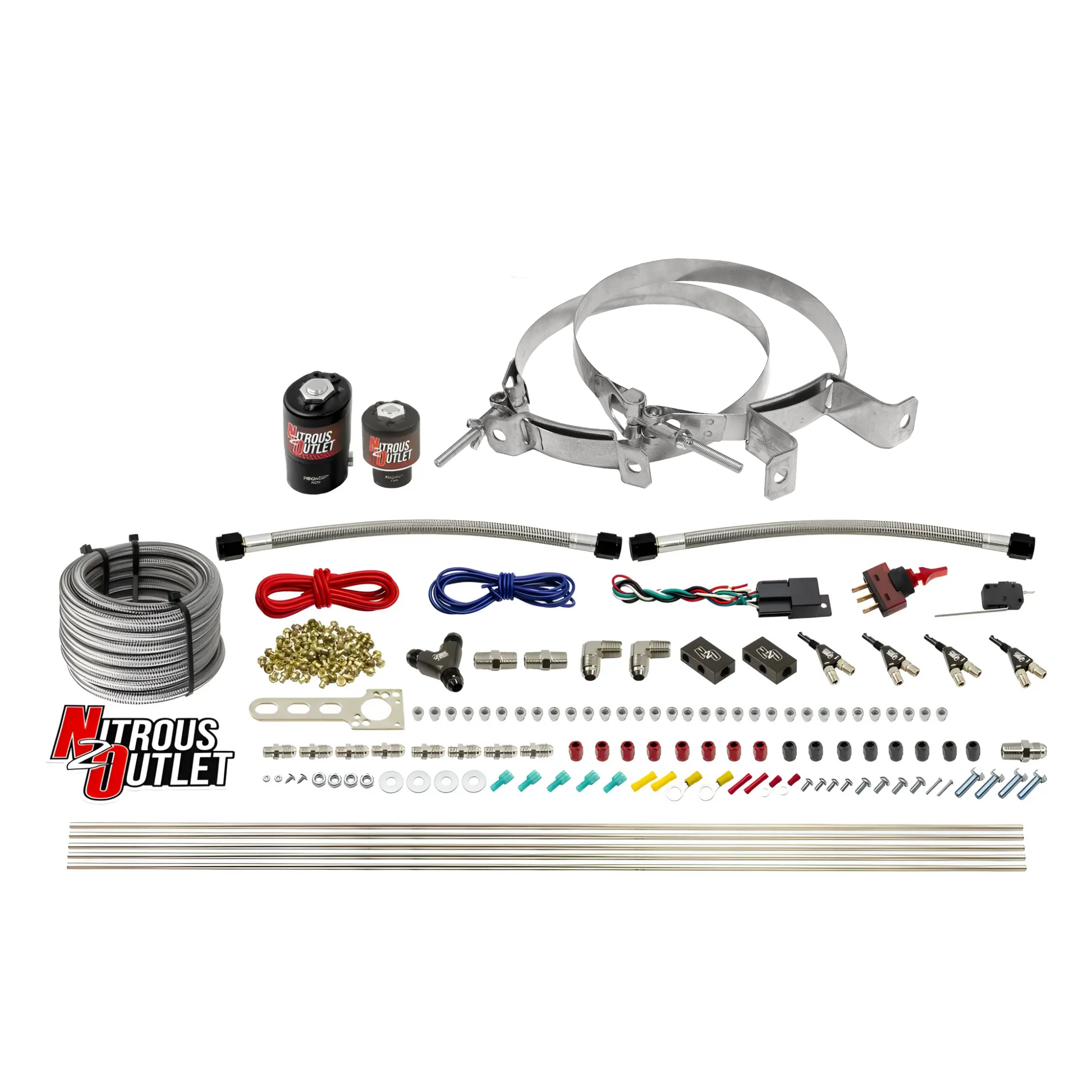 Nitrous Outlet 4 Cylinder Direct Port System - .122 Nitrous Solenoid/.177 Fuel Solenoid/Distribution Blocks/90 Degree Discharge Nozzles (Gas)(45-55 psi)(50-250HP)(No Bottle)