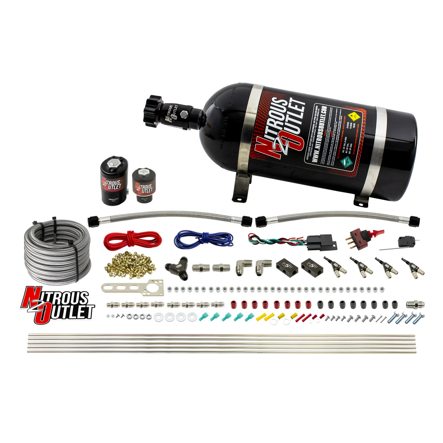 Nitrous Outlet 4 Cylinder Direct Port System - .122 Nitrous Solenoid/.177 Fuel Solenoid/Distribution Blocks/90 Degree Discharge Nozzles (Gas)(45-55 psi)(50-250HP)(10lb Bottle)