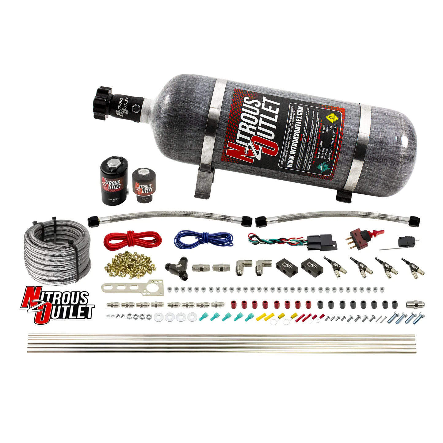 Nitrous Outlet 4 Cylinder Direct Port System - .122 Nitrous Solenoid/.177 Fuel Solenoid/Distribution Blocks/90 Degree Discharge Nozzles (Gas)(45-55 psi)(50-250HP)(12lb Bottle)