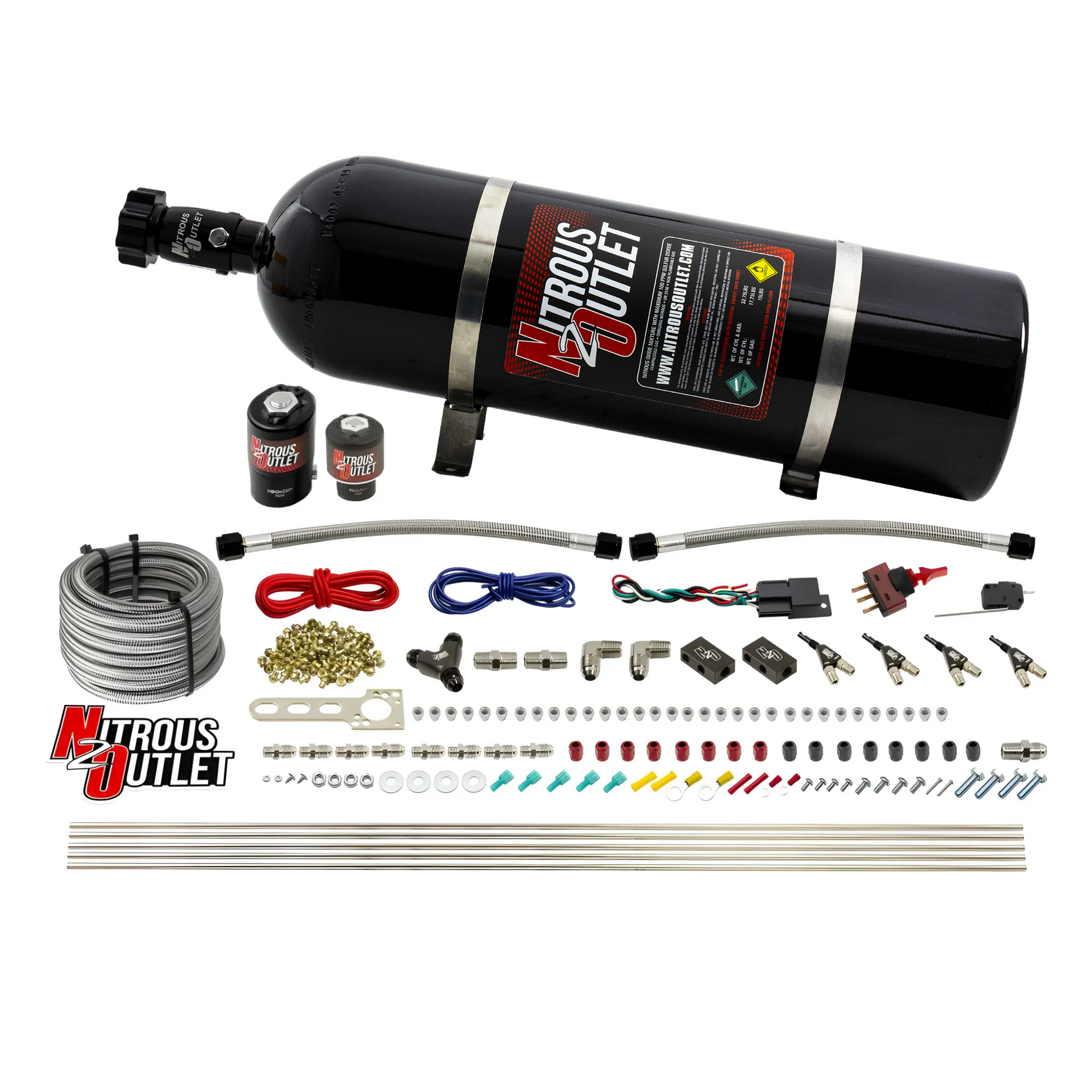 Nitrous Outlet 4 Cylinder Direct Port System - .122 Nitrous Solenoid/.177 Fuel Solenoid/Distribution Blocks/90 Degree Discharge Nozzles (Gas)(45-55 psi)(50-250HP)(15lb Bottle)