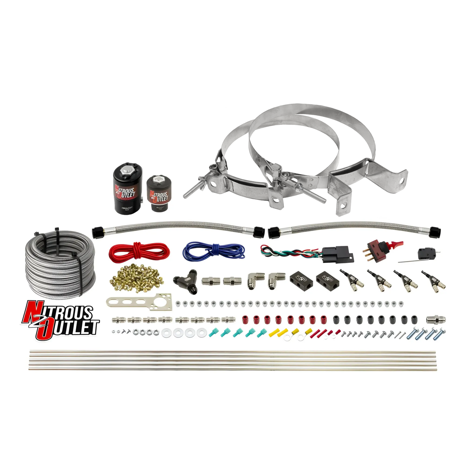 Nitrous Outlet 4 Cylinder Direct Port System - .122 Nitrous Solenoid/.177 Fuel Solenoid/Distribution Blocks/90 Degree Discharge Nozzles (E85)(45-55 psi)(50-250HP)(No Bottle)