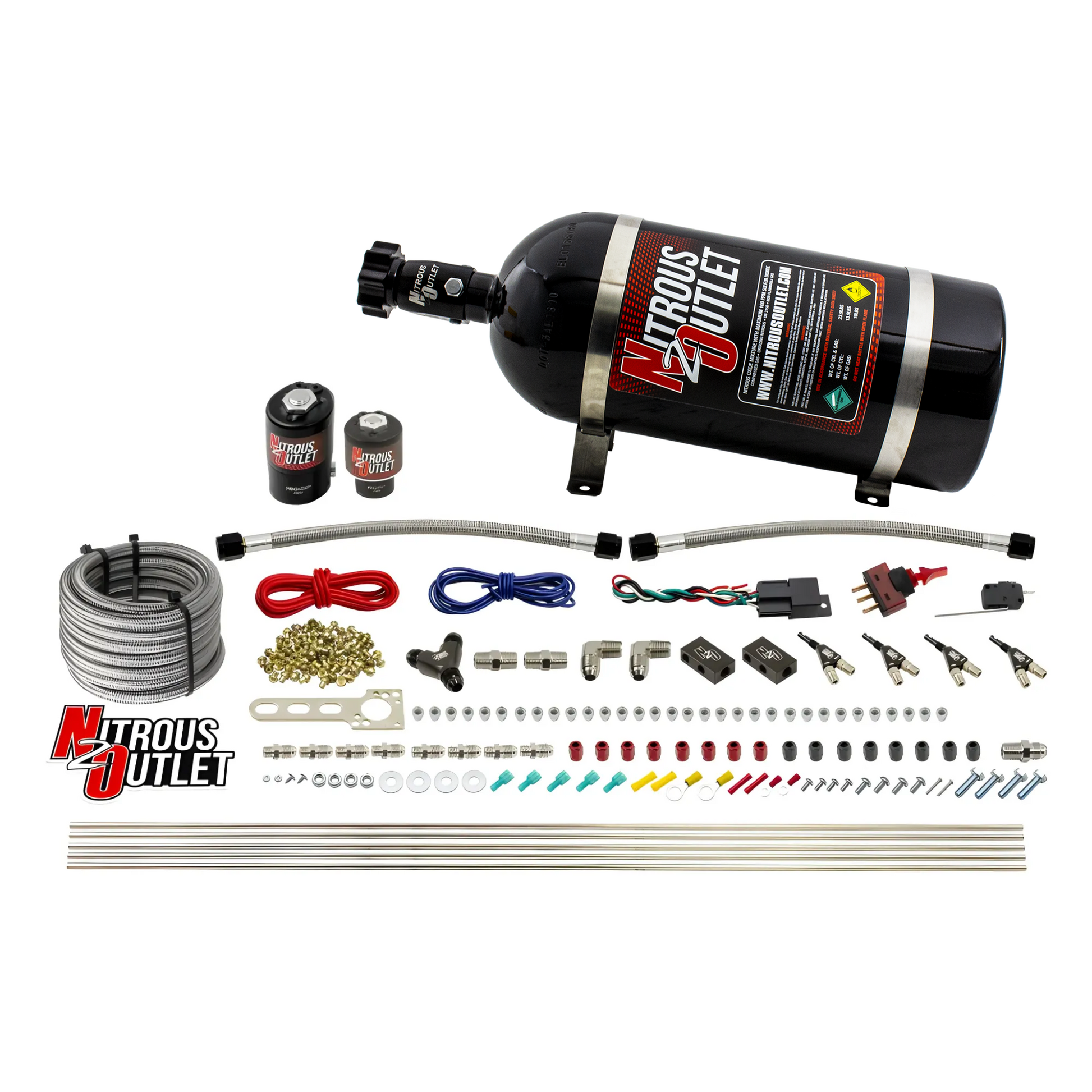 Nitrous Outlet 4 Cylinder Direct Port System - .122 Nitrous Solenoid/.177 Fuel Solenoid/Distribution Blocks/90 Degree Discharge Nozzles (E85)(45-55 psi)(50-250HP)(10lb Bottle)