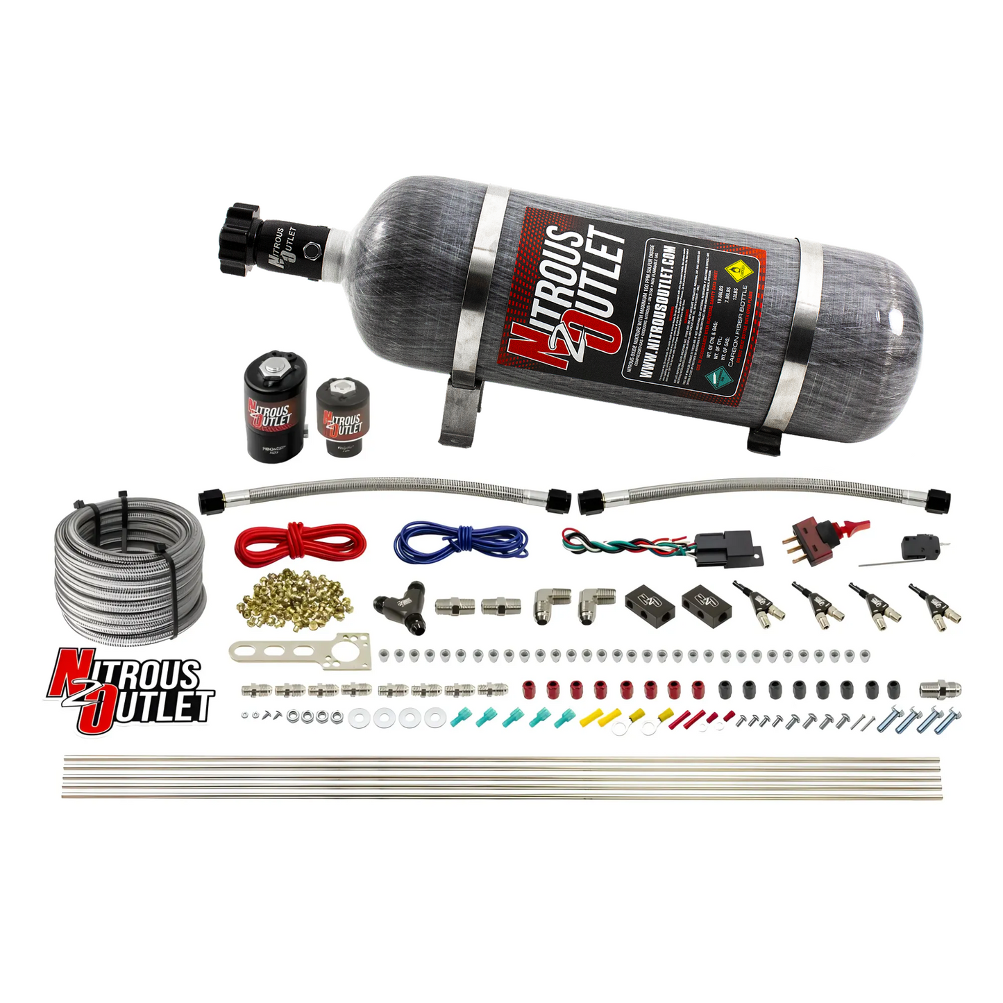 Nitrous Outlet 4 Cylinder Direct Port System - .122 Nitrous Solenoid/.177 Fuel Solenoid/Distribution Blocks/90 Degree Discharge Nozzles (E85)(45-55 psi)(50-250HP)(12lb Bottle)