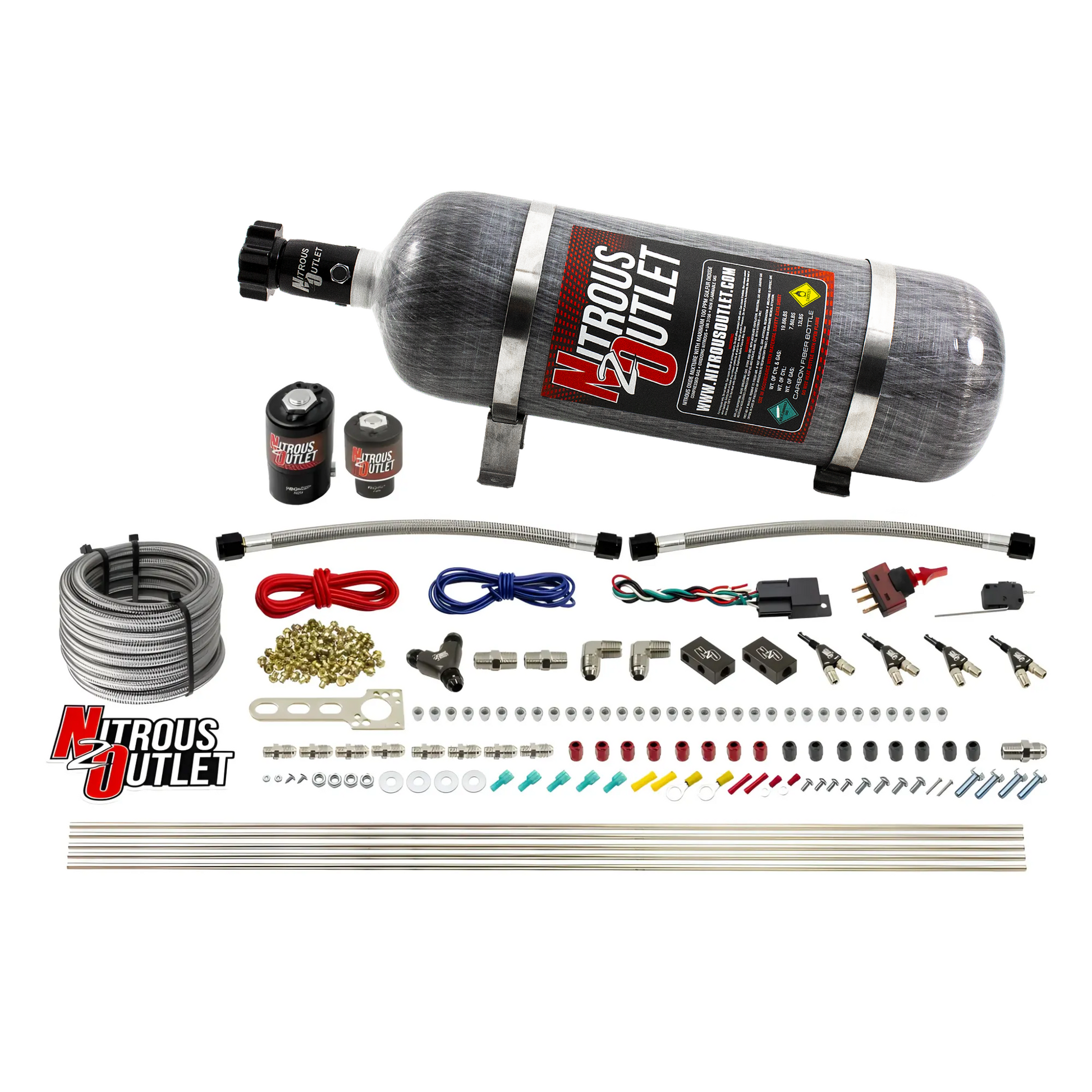 Nitrous Outlet 4 Cylinder Direct Port System - .122 Nitrous Solenoid/.177 Fuel Solenoid/Distribution Blocks/90 Degree Discharge Nozzles (E85)(45-55 psi)(50-250HP)(12lb Bottle)