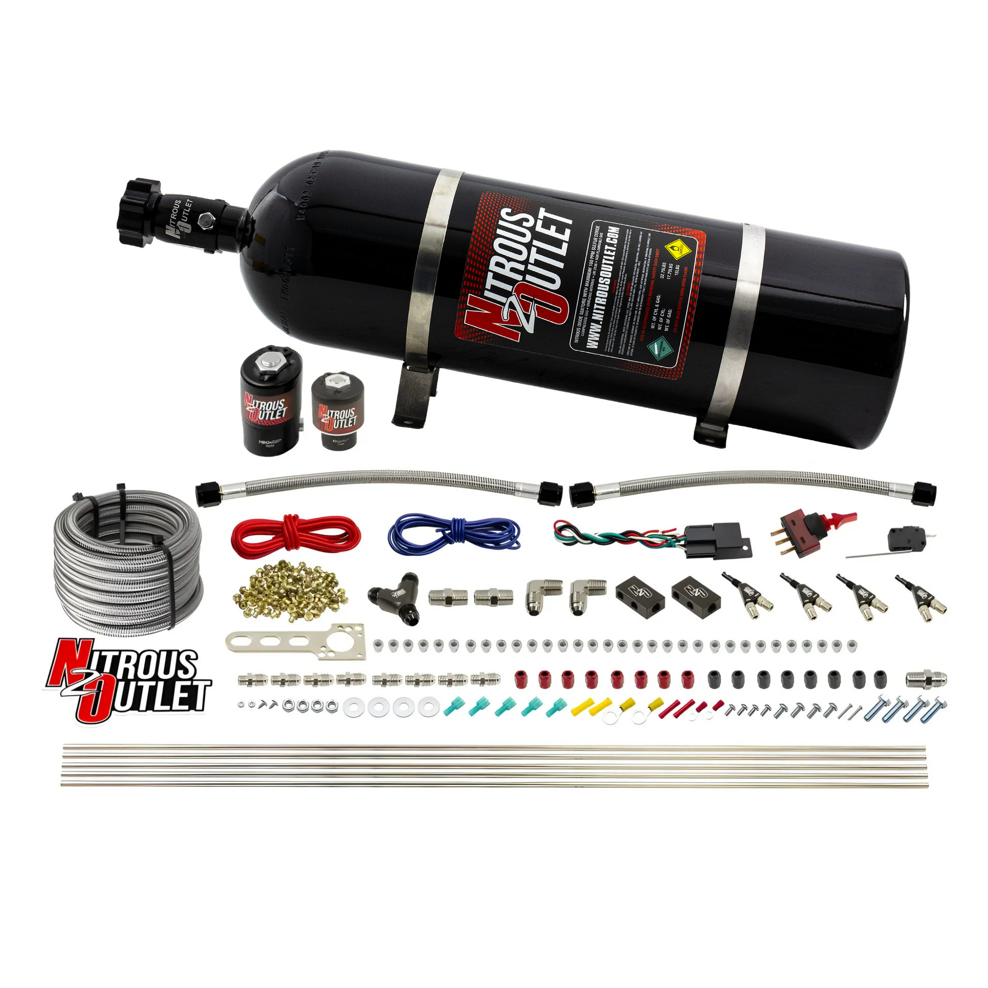 Nitrous Outlet 4 Cylinder Direct Port System - .122 Nitrous Solenoid/.177 Fuel Solenoid/Distribution Blocks/90 Degree Discharge Nozzles (E85)(45-55 psi)(50-250HP)(15lb Bottle)