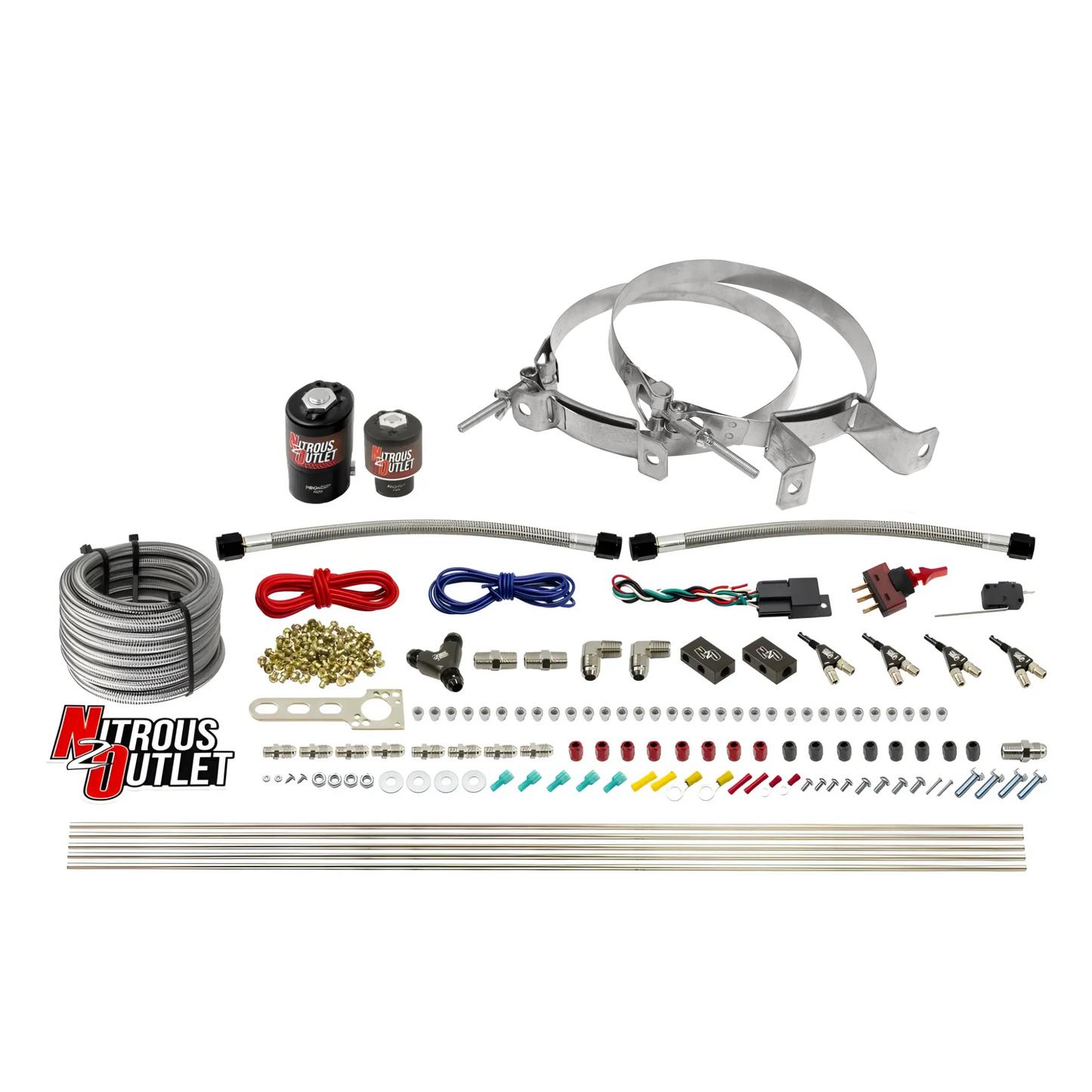 Nitrous Outlet 4 Cylinder Direct Port System - .122 Nitrous Solenoids/.177 Fuel Solenoids/Dual Passage Injection Rail/90 Degree Discharge Nozzles (E85)(45-55 psi)(50-250HP)(No Bottle)