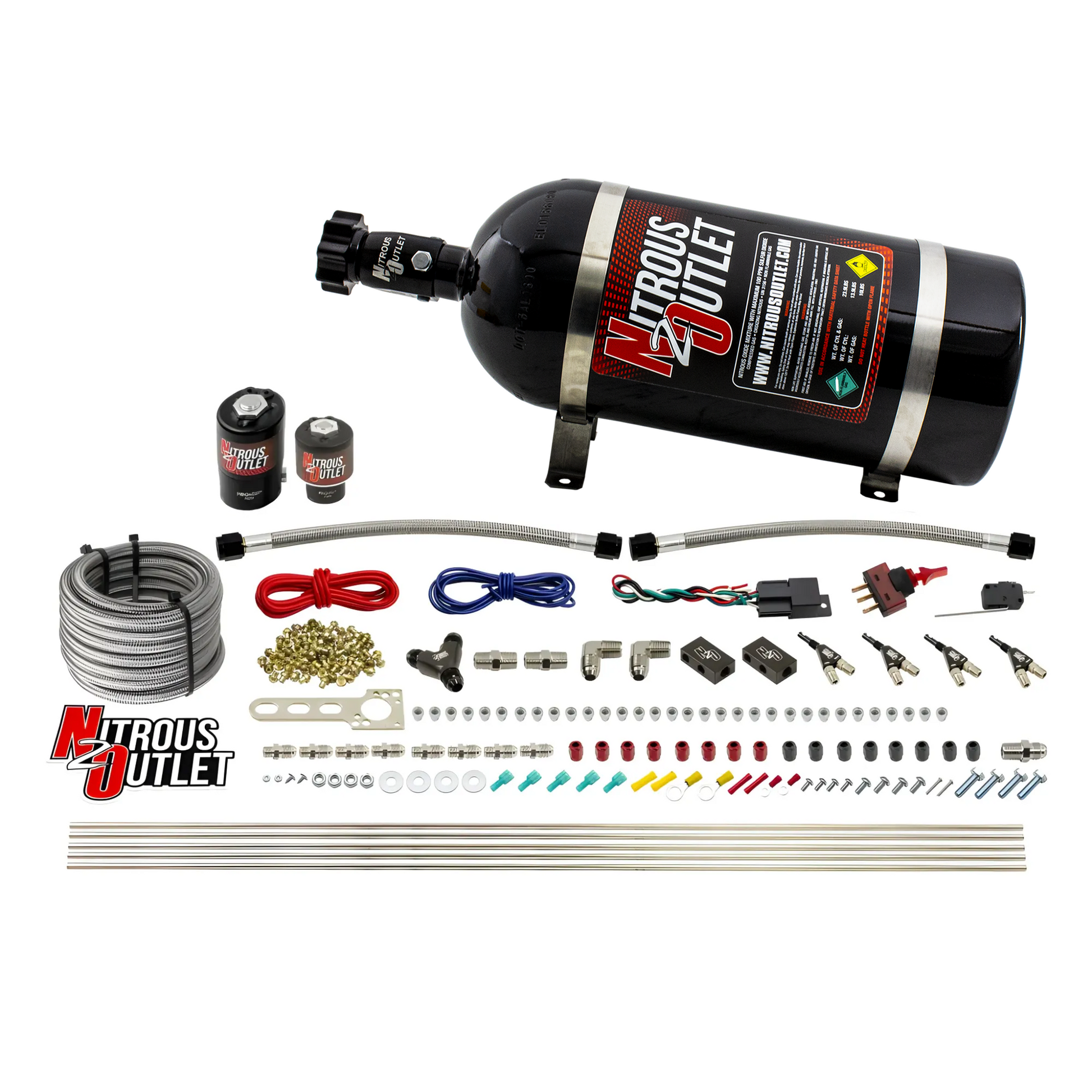 Nitrous Outlet 4 Cylinder Direct Port System - .122 Nitrous Solenoids/.177 Fuel Solenoids/Dual Passage Injection Rail/90 Degree Discharge Nozzles (E85)(45-55 psi)(50-250HP)(10lb Bottle)