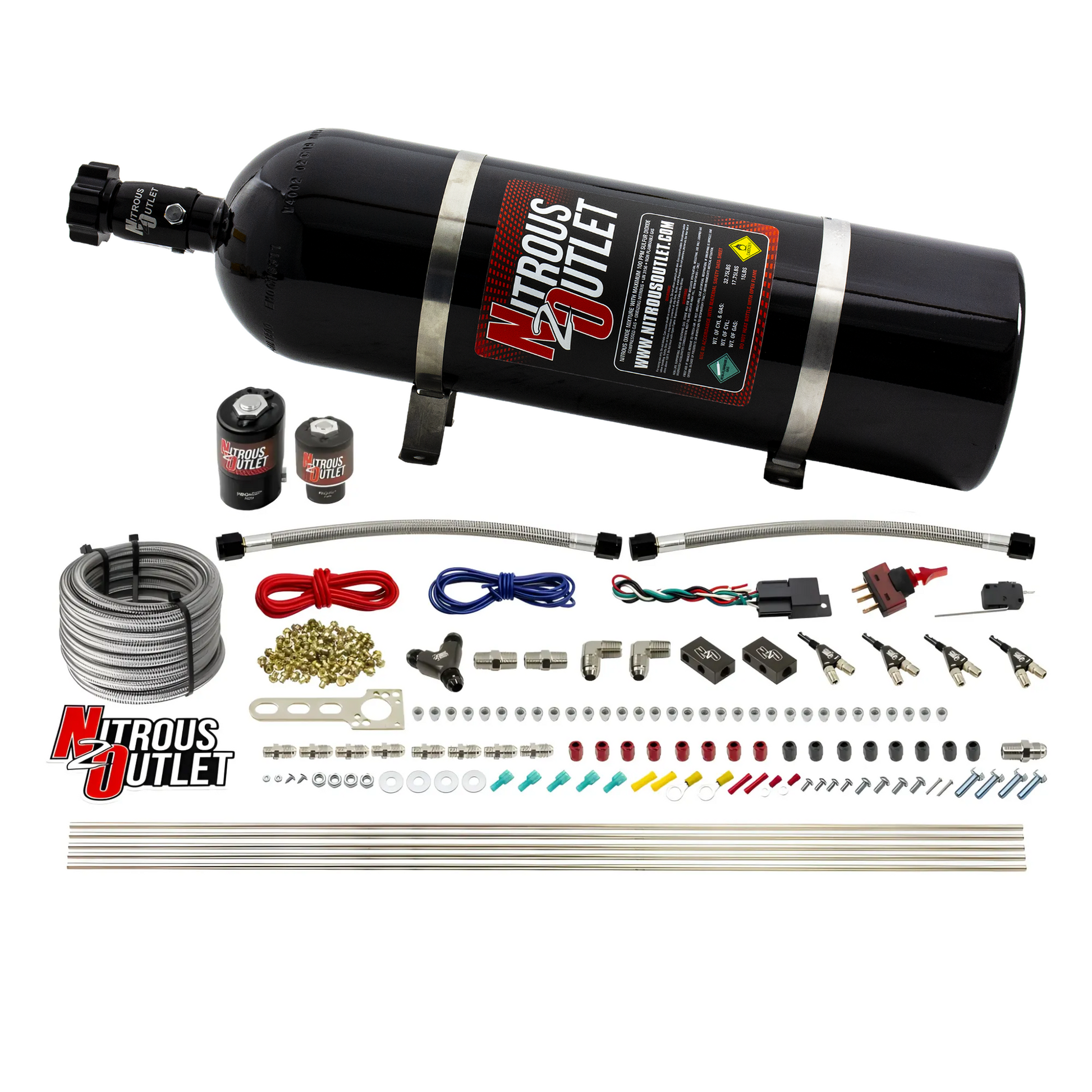 Nitrous Outlet 4 Cylinder Direct Port System - .122 Nitrous Solenoids/.177 Fuel Solenoids/Dual Passage Injection Rail/90 Degree Discharge Nozzles (E85)(45-55 psi)(50-250HP)(15lb Bottle)