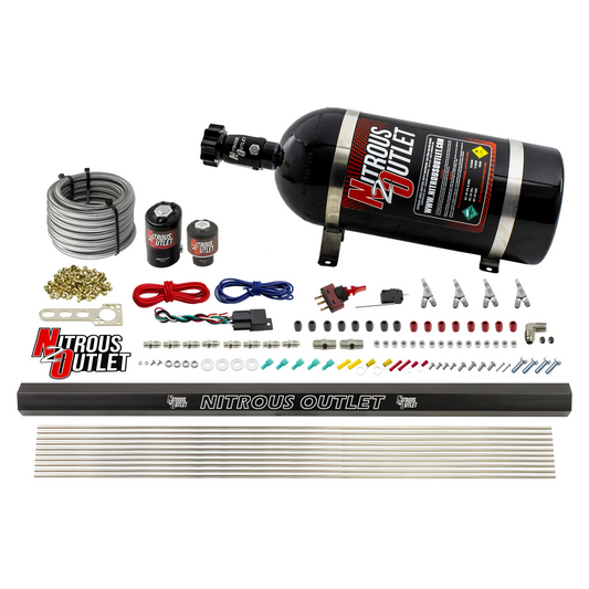Nitrous Outlet 4 Cylinder Direct Port System - .122 Nitrous Solenoids/.177 Fuel Solenoids/Dual Passage Injection Rail/Annular Discharge Nozzles (E85)(45-55 psi)(50-250HP)(10lb Bottle)