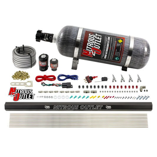 Nitrous Outlet 4 Cylinder Direct Port System - .122 Nitrous Solenoids/.177 Fuel Solenoids/Dual Passage Injection Rail/Annular Discharge Nozzles (E85)(45-55 psi)(50-250HP)(12lb Bottle)