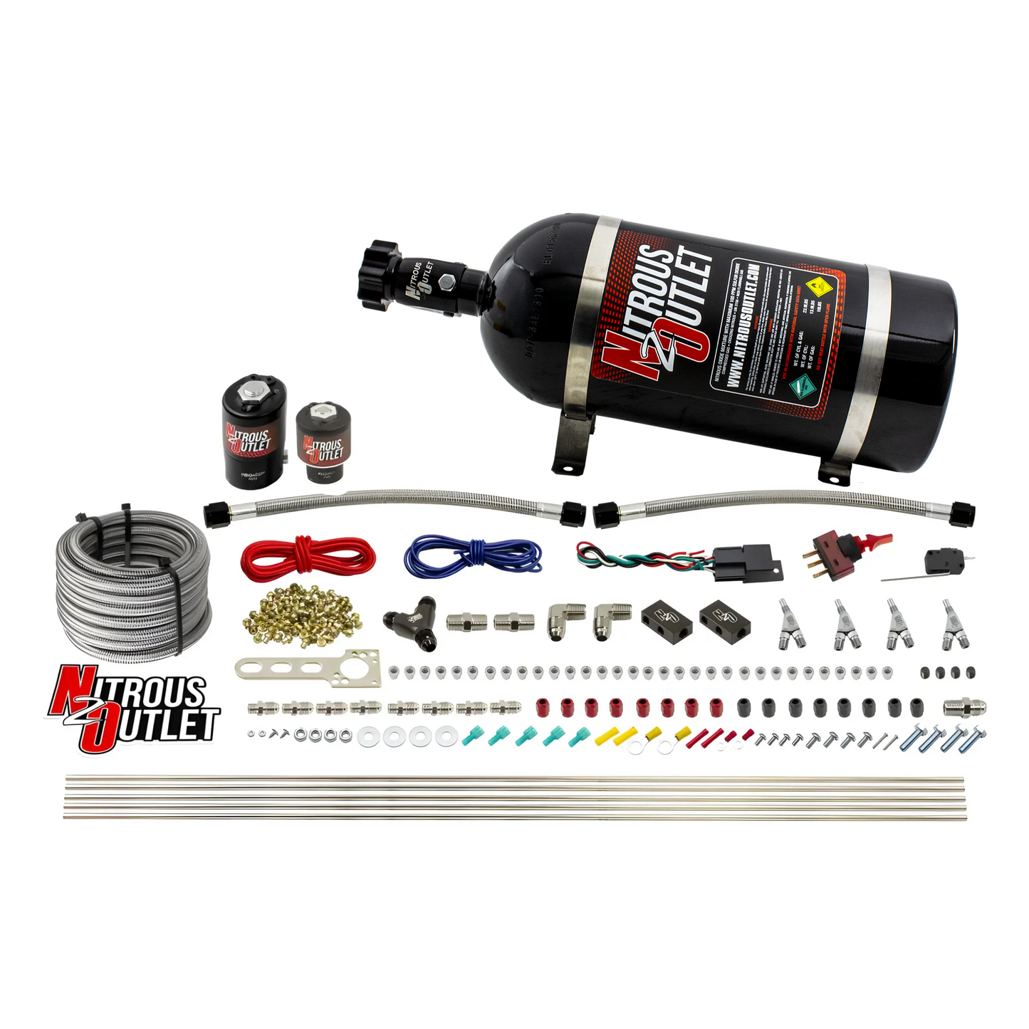 Nitrous Outlet 4 Cylinder Direct Port System - .122 Nitrous Solenoid/.177 Fuel Solenoid/Distribution Blocks/Annular Degree Discharge Nozzles (E85)(45-55 psi)(50-250HP)(10lb Bottle)