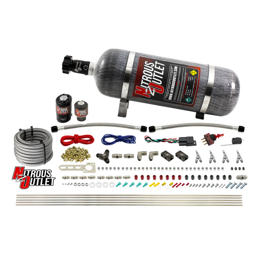 Nitrous Outlet 4 Cylinder Direct Port System - .122 Nitrous Solenoid/.177 Fuel Solenoid/Distribution Blocks/Annular Degree Discharge Nozzles (E85)(45-55 psi)(50-250HP)(12lb Bottle)