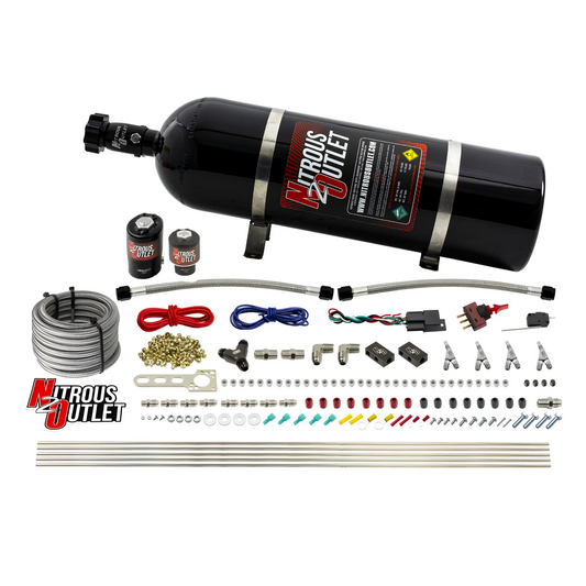Nitrous Outlet 4 Cylinder Direct Port System - .122 Nitrous Solenoid/.177 Fuel Solenoid/Distribution Blocks/Annular Degree Discharge Nozzles (E85)(45-55 psi)(50-250HP)(15lb Bottle)