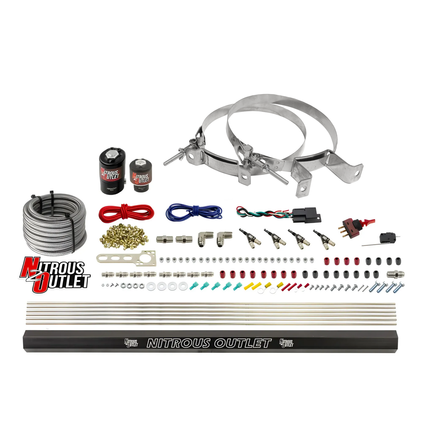 Nitrous Outlet 4 Cylinder Direct Port System - .122 Nitrous Solenoids/.177 Fuel Solenoids/Dual Passage Injection Rail/90 Degree Discharge Nozzles (Gas)(45-55 psi)(50-250HP)(No Bottle)