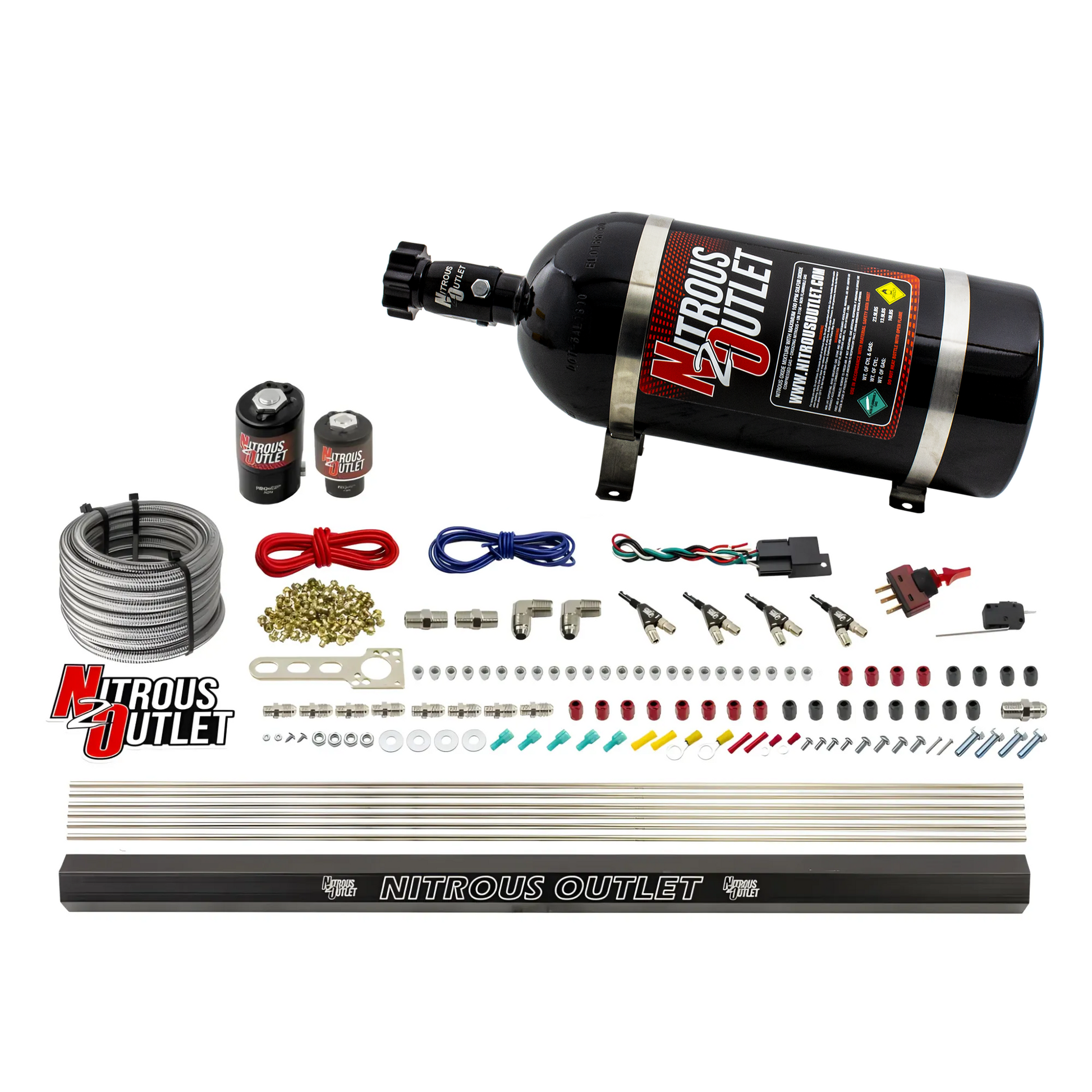 Nitrous Outlet 4 Cylinder Direct Port System - .122 Nitrous Solenoids/.177 Fuel Solenoids/Dual Passage Injection Rail/90 Degree Discharge Nozzles (Gas)(45-55 psi)(50-250HP)(10lb Bottle)