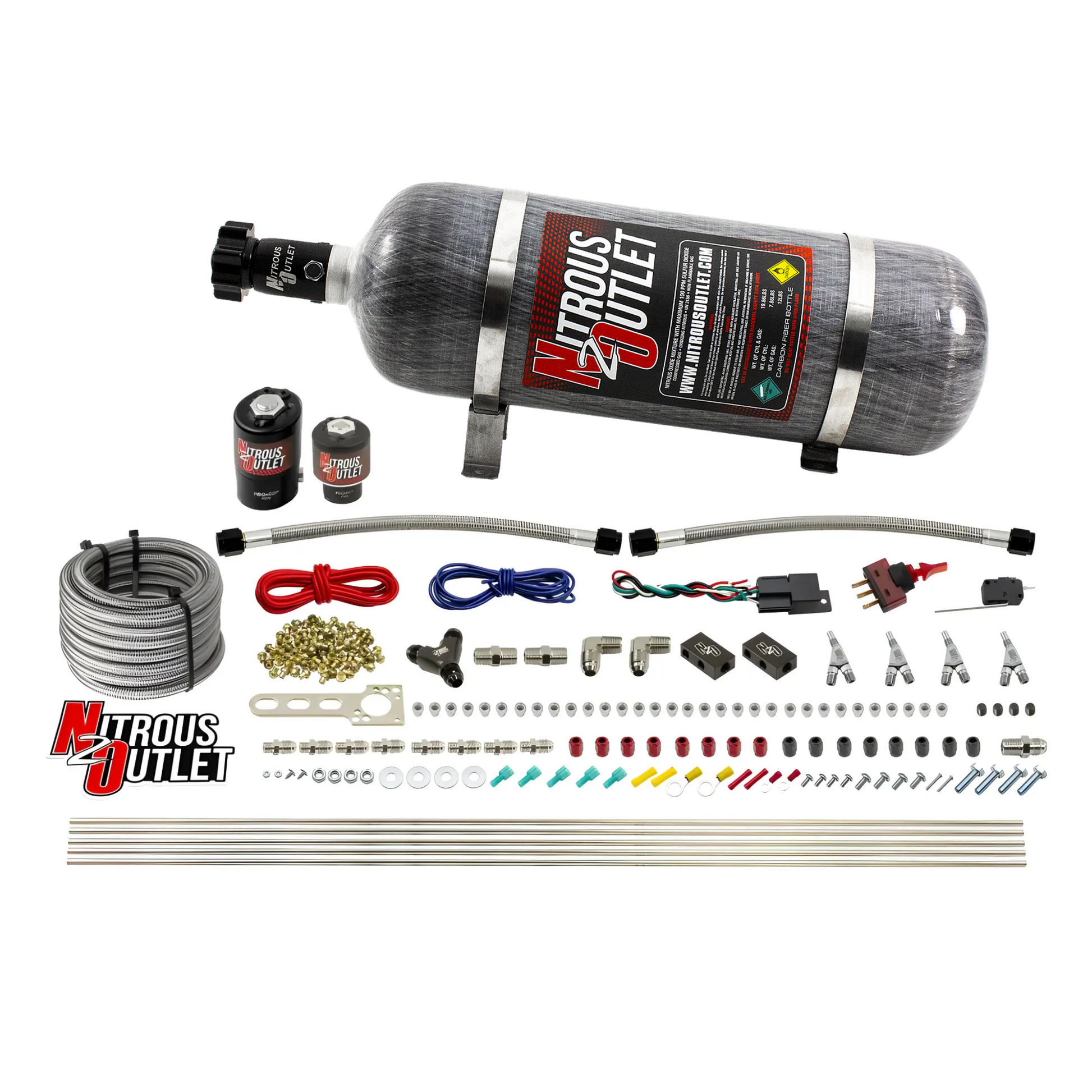 Nitrous Outlet 4 Cylinder Direct Port System - .122 Nitrous Solenoid/.177 Fuel Solenoid/Distribution Blocks/Annular Degree Discharge Nozzles (Gas)(45-55 psi)(50-250HP)(12lb Bottle)