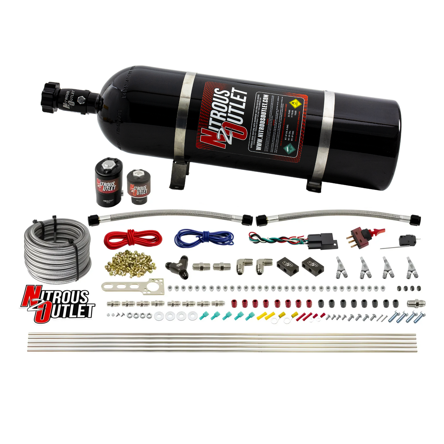 Nitrous Outlet 4 Cylinder Direct Port System - .122 Nitrous Solenoid/.177 Fuel Solenoid/Distribution Blocks/Annular Degree Discharge Nozzles (Gas)(45-55 psi)(50-250HP)(15lb Bottle)