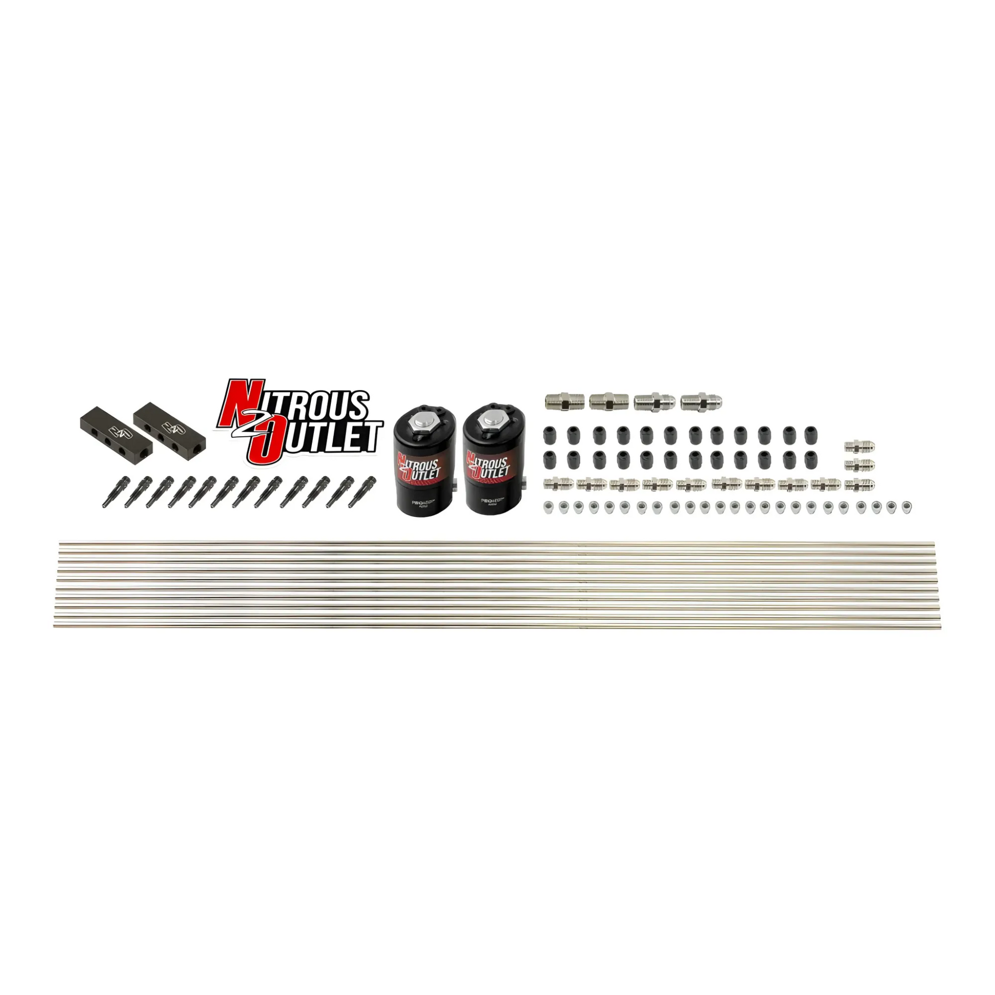 Nitrous Outlet Dry 6 Cylinder Dual Stage Solenoid Forward Direct Port Plumbers Kit- Two .122 Nitrous Solenoids/Distribution Blocks/SBT Dual Passage Discharge Nozzles