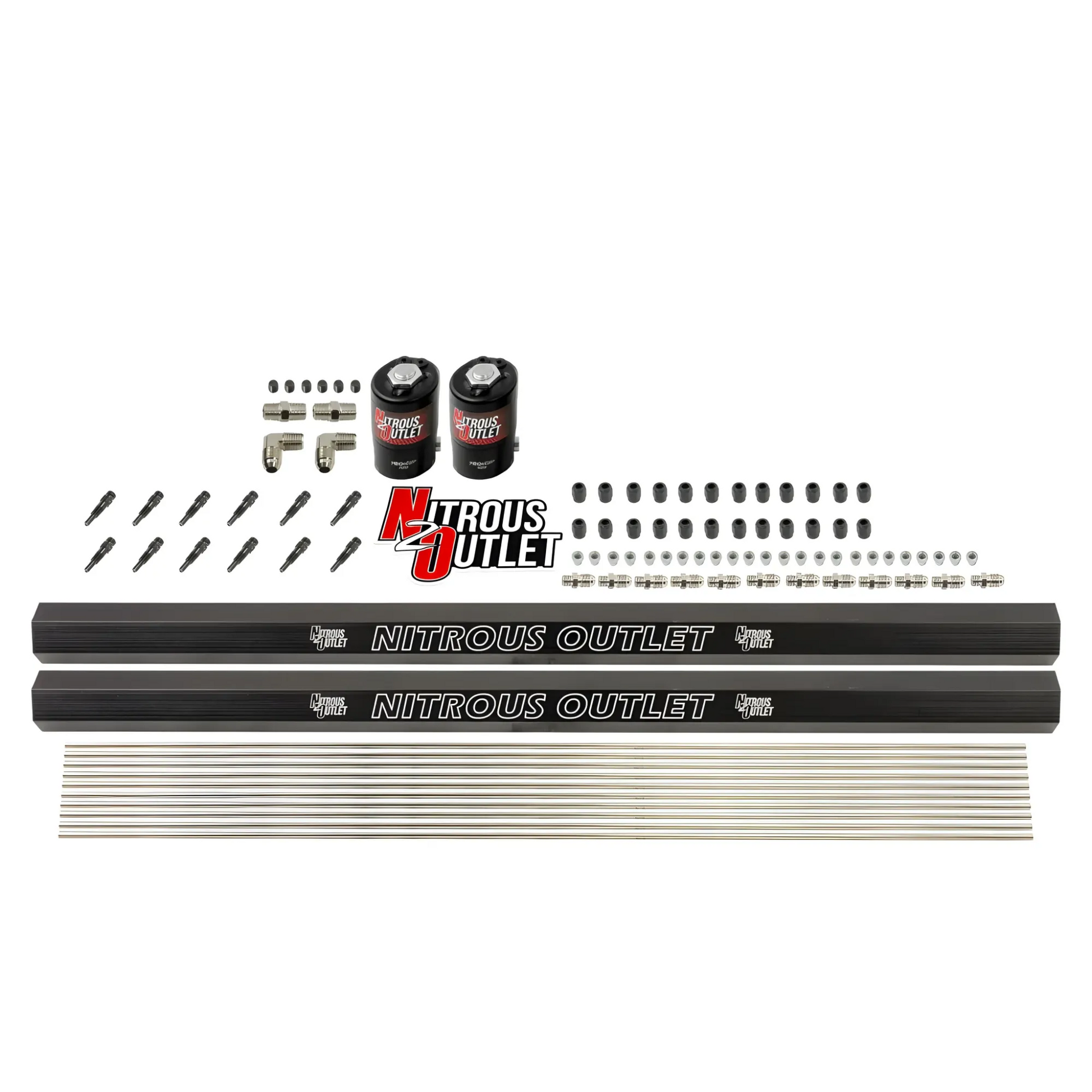 Nitrous Outlet Dry 6 Cylinder Dual Stage Solenoid Forward Direct Port Plumbers Kit- Two .122 Nitrous Solenoids/Dual Passage Injection Rail/SBT Dual Passage Discharge Nozzles