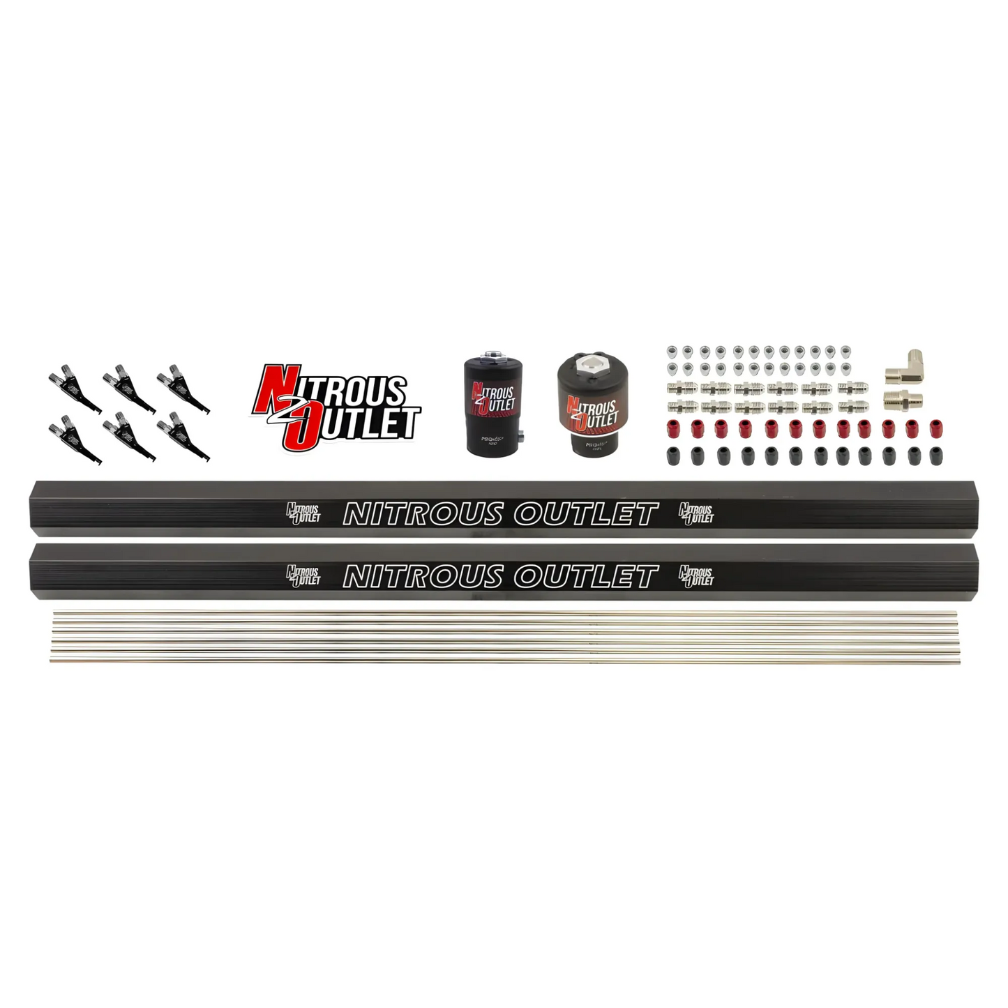 Nitrous Outlet 6 Cylinder Solenoids Forward Direct Port Plumbers Kit - .122 Nitrous Solenoid/.177 Fuel Solenoid/Distribution Blocks/90 Degree Discharge Nozzles