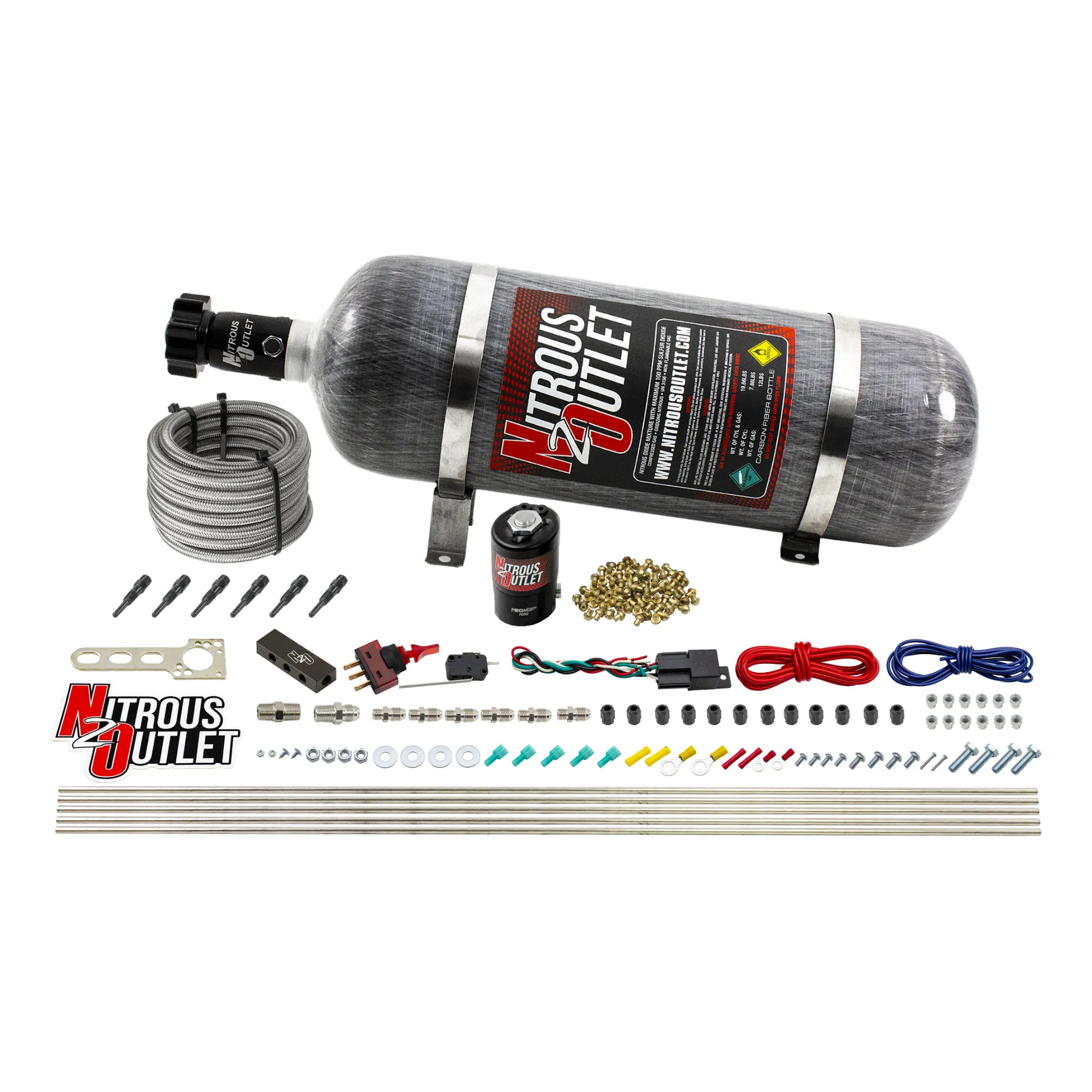 Nitrous Outlet Dry 6 Cylinder Direct Port System - .122 Nitrous Solenoid/Distribution Block/90 Degree Nozzles (75-375HP)(12lb Bottle)