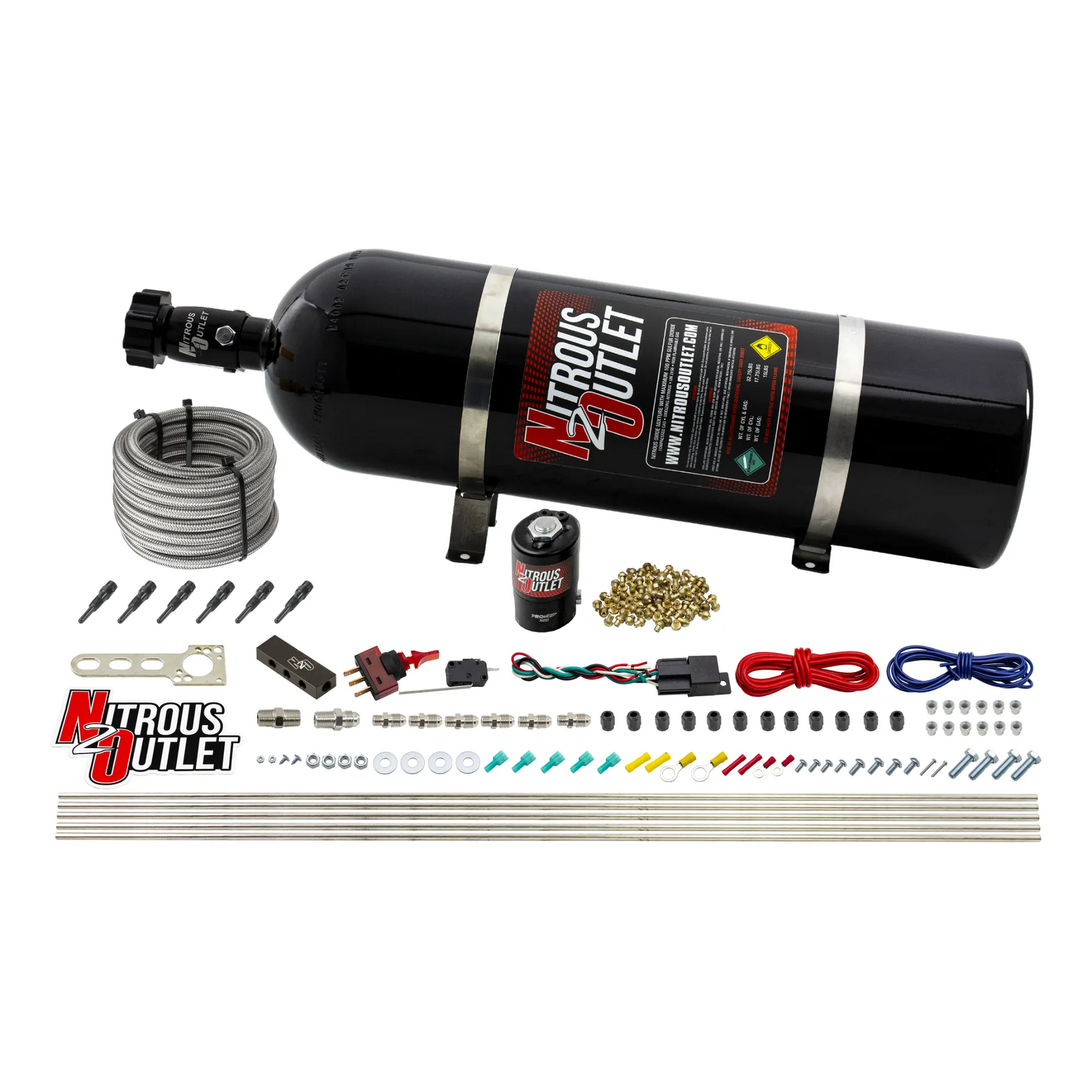 Nitrous Outlet Dry 6 Cylinder Direct Port System - .122 Nitrous Solenoid/Distribution Block/90 Degree Nozzles (75-375HP)(15lb Bottle)