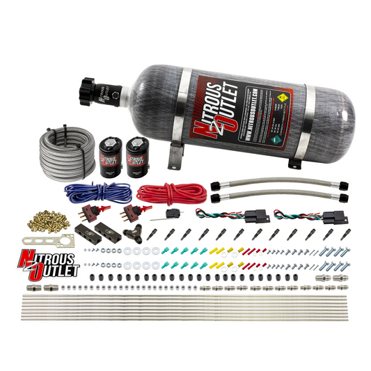 Nitrous Outlet Dry 6 Cylinder Dual Stage Direct Port System - Two .122 Nitrous Solenoids/Distribution Blocks/SBT Dual Passage Discharge Nozzles (75-375HP)(12lb Bottle)