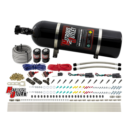 Nitrous Outlet Dry 6 Cylinder Dual Stage Direct Port System - Two .122 Nitrous Solenoids/Distribution Blocks/SBT Dual Passage Discharge Nozzles (75-375HP)(15lb Bottle)