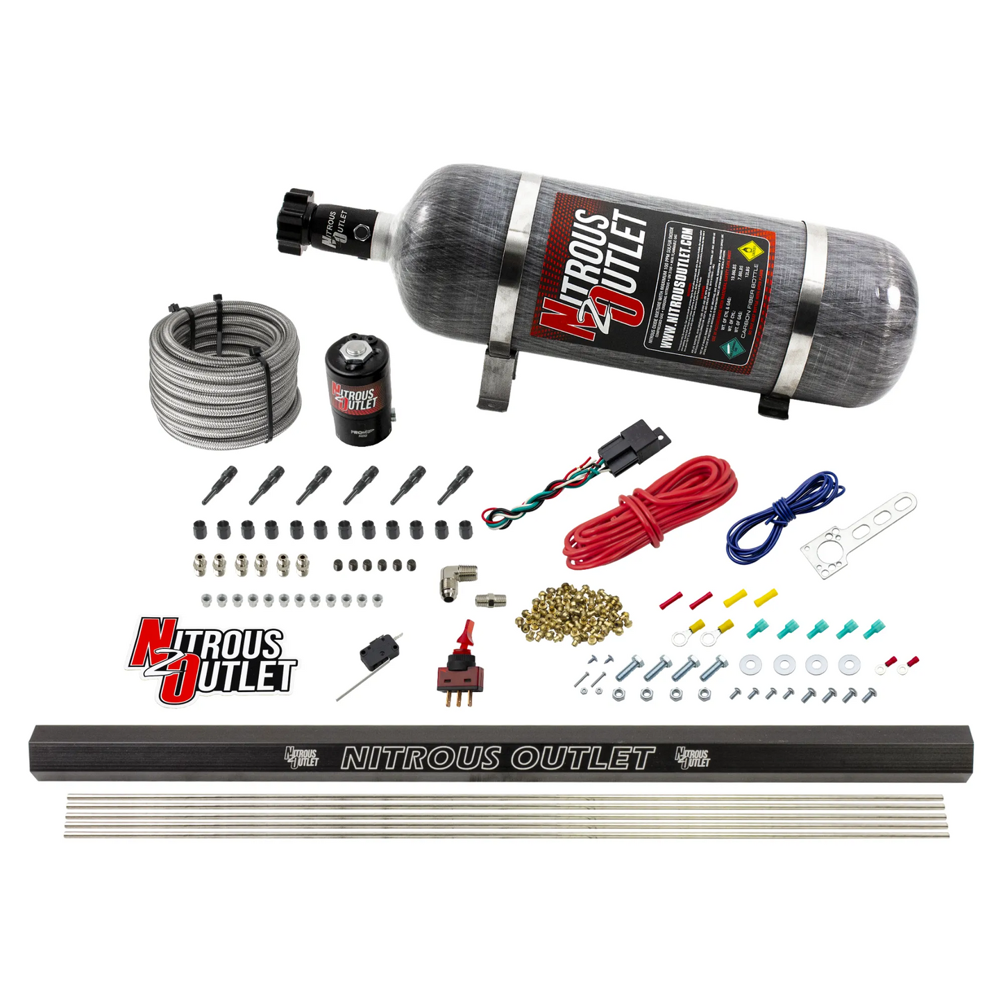 Nitrous Outlet Dry 6 Cylinder Direct Port System - .122 Nitrous Solenoid/Injection Rail/90 Degree Discharge Nozzles (75-375HP)(12lb Bottle)
