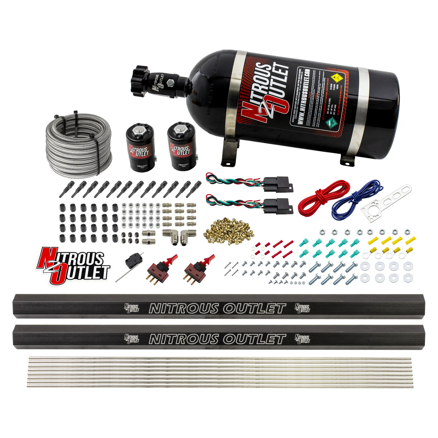Nitrous Outlet Dry 6 Cylinder Dual Stage Direct Port System - Two .122 Nitrous Solenoids/Dual Passage Injection Rail/SBT Dual Passage Discharge Nozzles (75-375HP)(10lb Bottle)