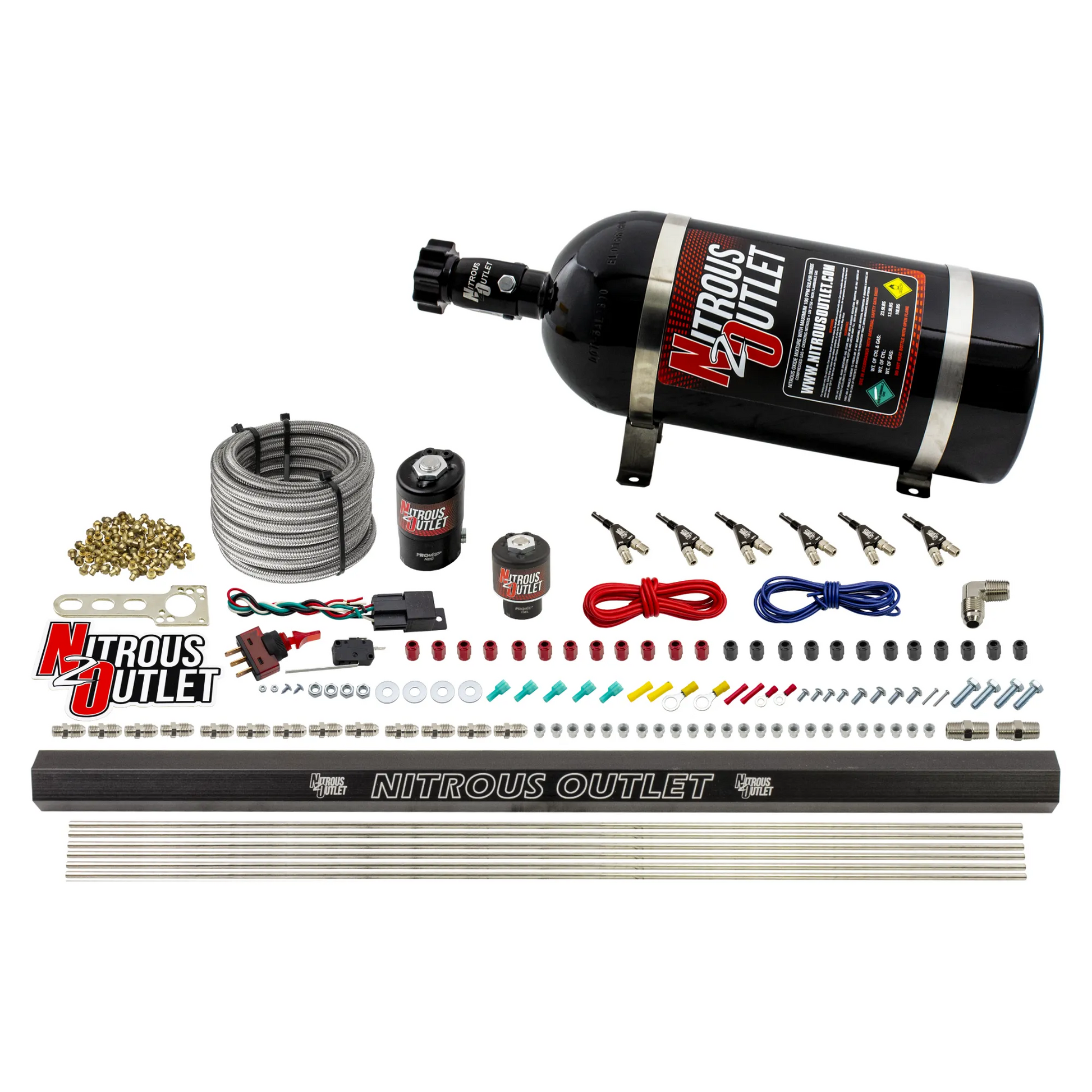 Nitrous Outlet 6 Cylinder Direct Port System - .122 Nitrous Solenoid/.177 Fuel Solenoid/Distribution Blocks/90 Degree Discharge Nozzles (Alcohol)(5-7-10 psi)(75-375HP)(10lb Bottle)