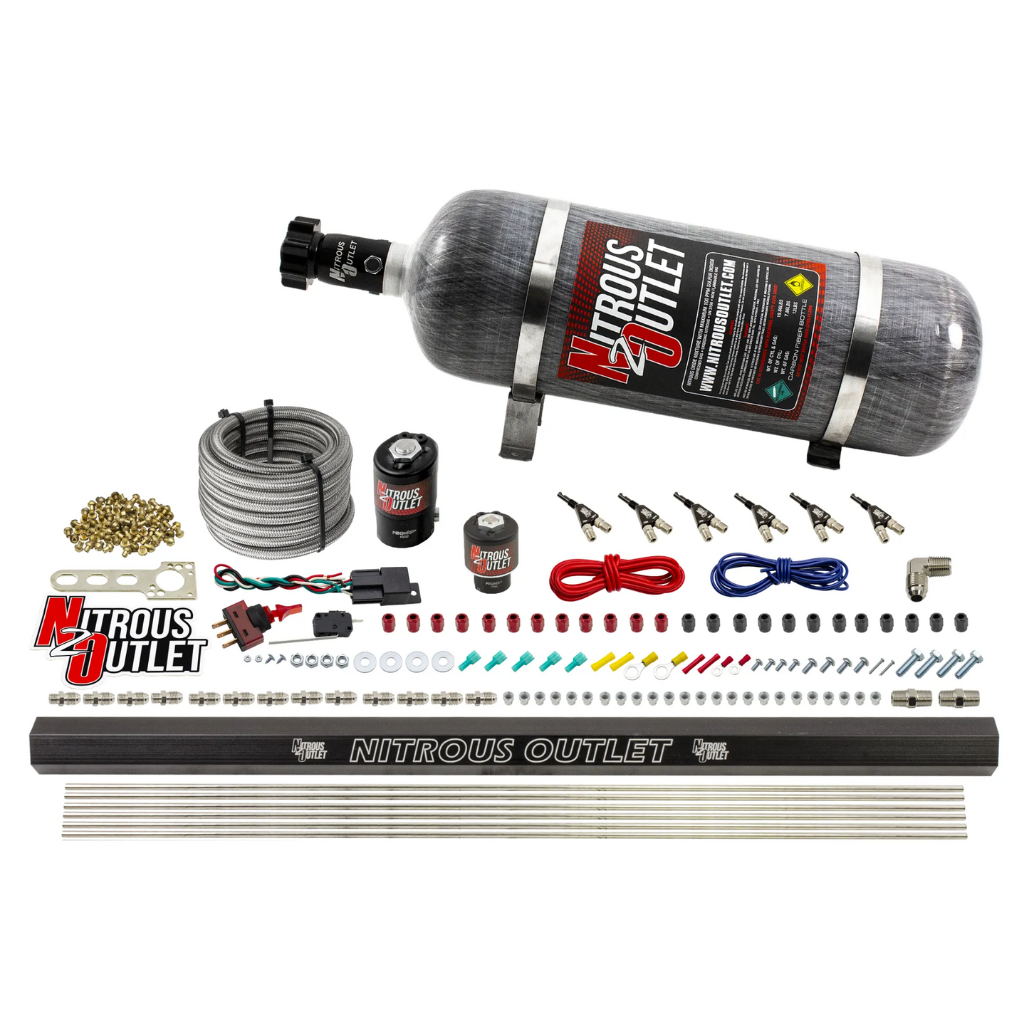 Nitrous Outlet 6 Cylinder Direct Port System - .122 Nitrous Solenoid/.177 Fuel Solenoid/Distribution Blocks/90 Degree Discharge Nozzles (Alcohol)(5-7-10 psi)(75-375HP)(12lb Bottle)