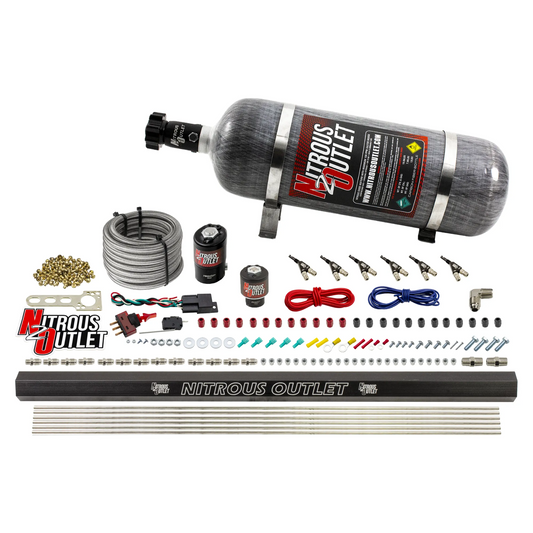 Nitrous Outlet 6 Cylinder Direct Port System - .122 Nitrous Solenoid/.177 Fuel Solenoid/Distribution Blocks/90 Degree Discharge Nozzles (Alcohol)(5-7-10 psi)(75-375HP)(12lb Bottle)