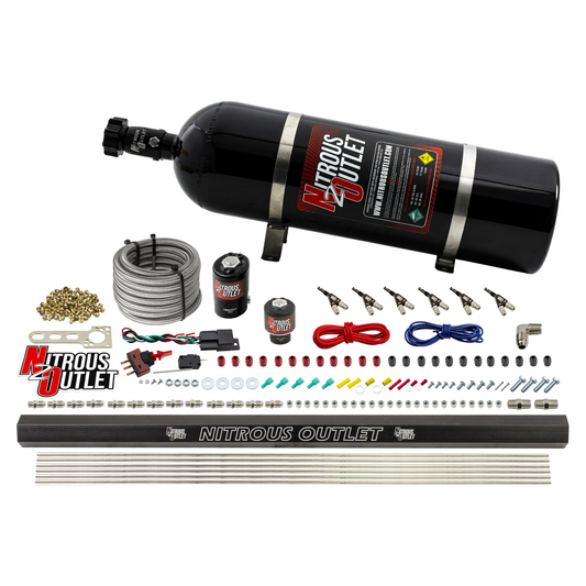 Nitrous Outlet 6 Cylinder Direct Port System - .122 Nitrous Solenoid/.177 Fuel Solenoid/Distribution Blocks/90 Degree Discharge Nozzles (Alcohol)(5-7-10 psi)(75-375HP)(15lb Bottle)