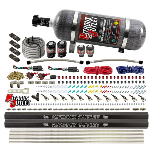 Nitrous Outlet 6 Cylinder Dual Stage Direct Port System - Two .122 Nitrous Solenoids/Two .177 Fuel Solenoids/Distribution Blocks/90 Degree Discharge Nozzles (Alcohol)(5-7-10 psi)(75-375HP)(12lb Bottle)