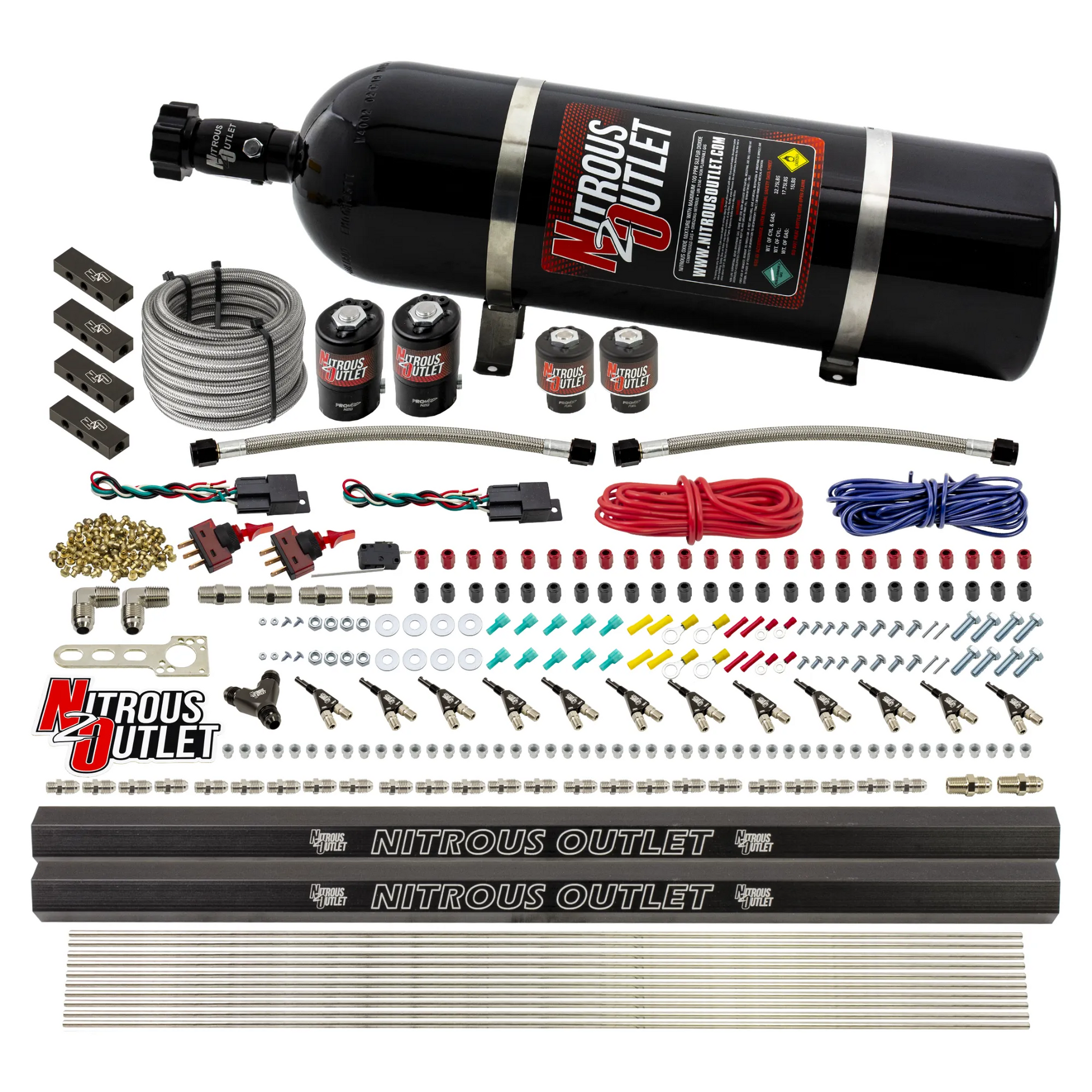 Nitrous Outlet 6 Cylinder Dual Stage Direct Port System - Two .122 Nitrous Solenoids/Two .177 Fuel Solenoids/Distribution Blocks/90 Degree Discharge Nozzles (Alcohol)(5-7-10 psi)(75-375HP)(15lb Bottle)